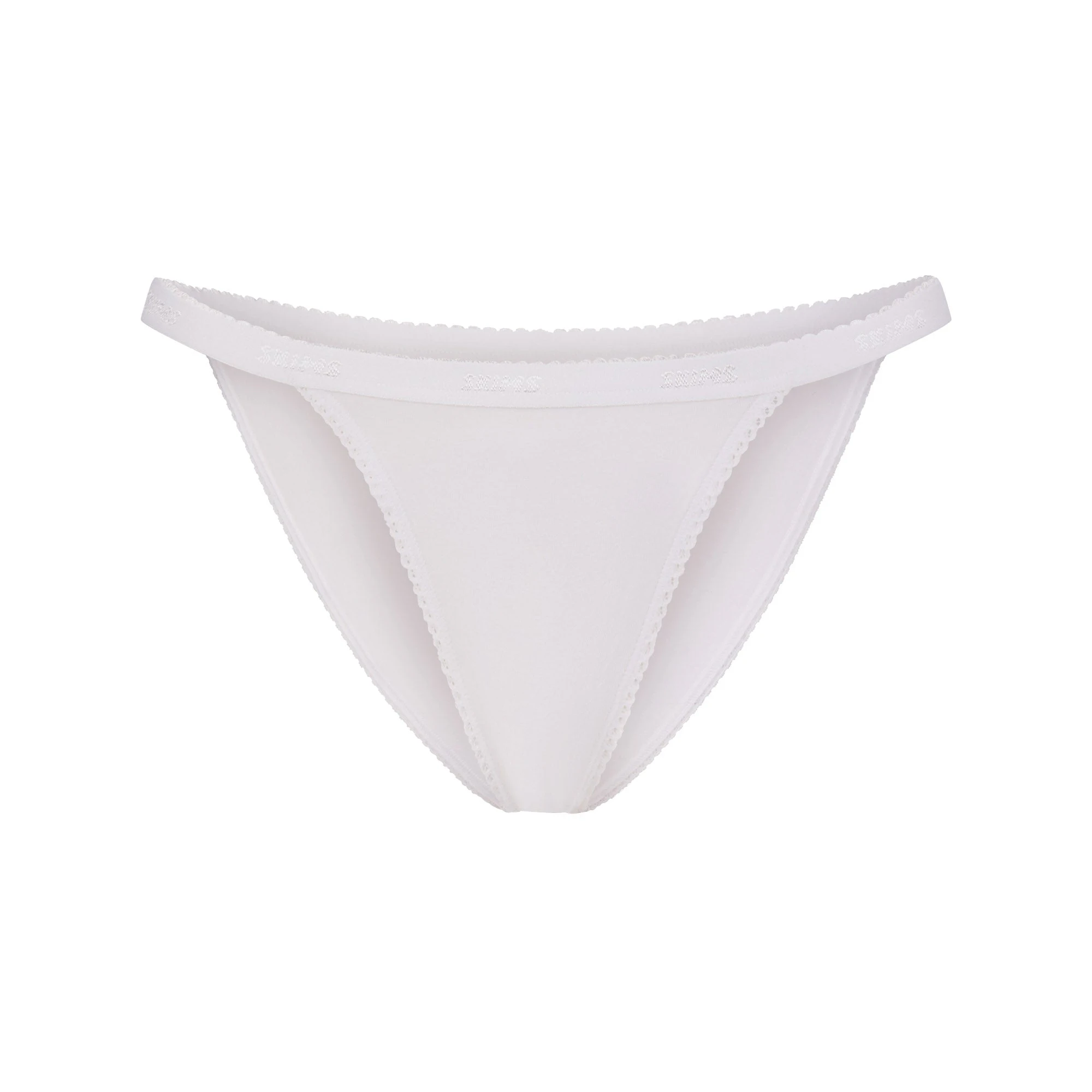 LIGHTWEIGHT COTTON LOGO PICOT STRING BIKINI | SNOW FLAT ON A WHITE BACKGROUND | FLT