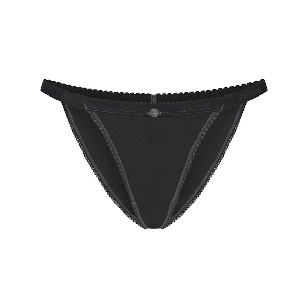 LIGHTWEIGHT COTTON PICOT LOGO STRING BIKINI | SOOT FLAT ON A WHITE BACKGROUND | FLT