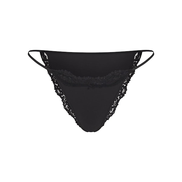 FITS EVERYBODY LACE STRING BIKINI | ONYX FLAT ON A WHITE BACKGROUND | FLT