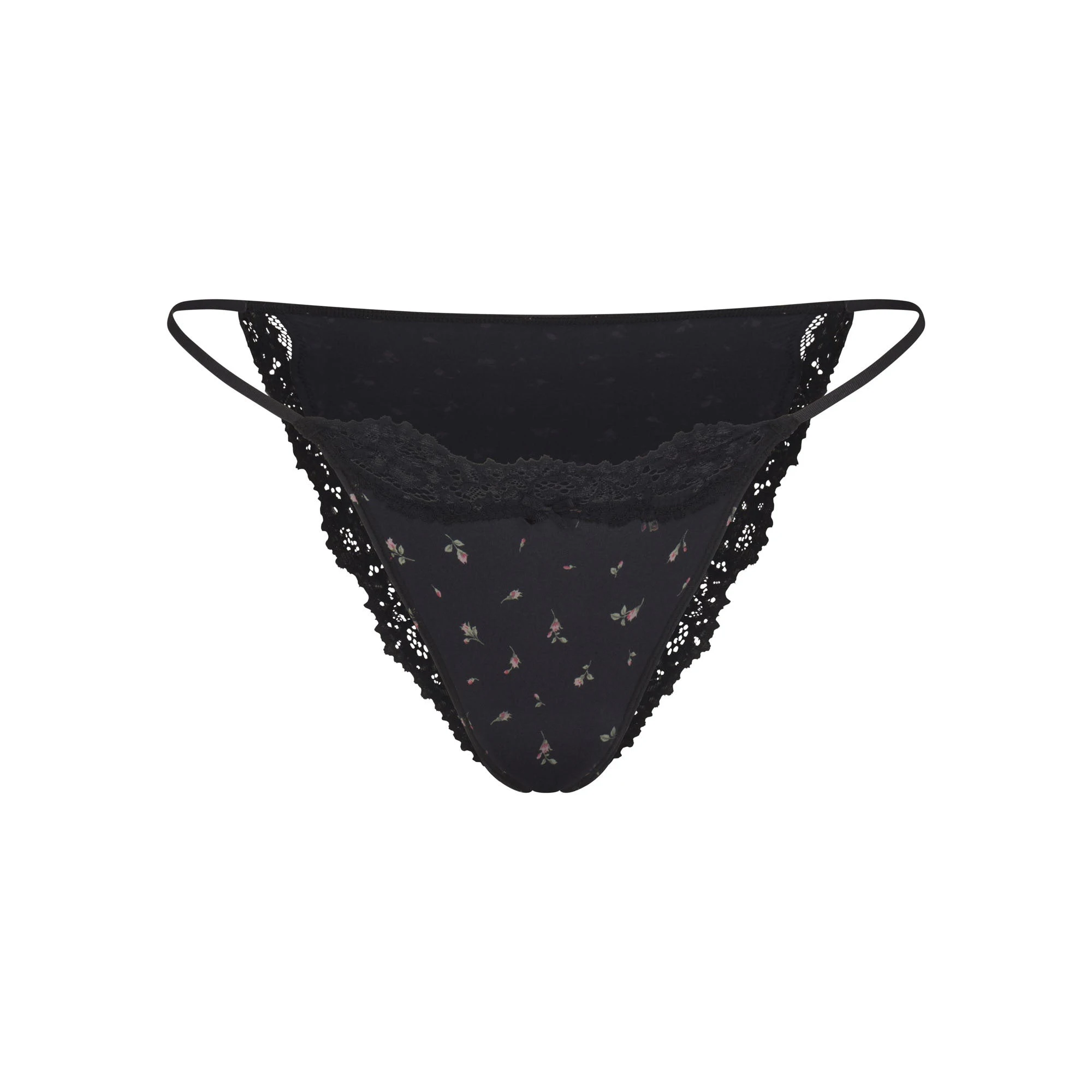 FITS EVERYBODY LACE STRING BIKINI | ONYX ROSEBUD PRINT FLAT ON A WHITE BACKGROUND | FLT