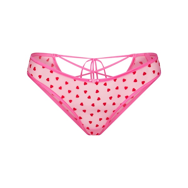NOVELTY INTIMATES LACE UP BIKINI | PINK HEART PRINT FLAT ON A WHITE BACKGROUND | FLT