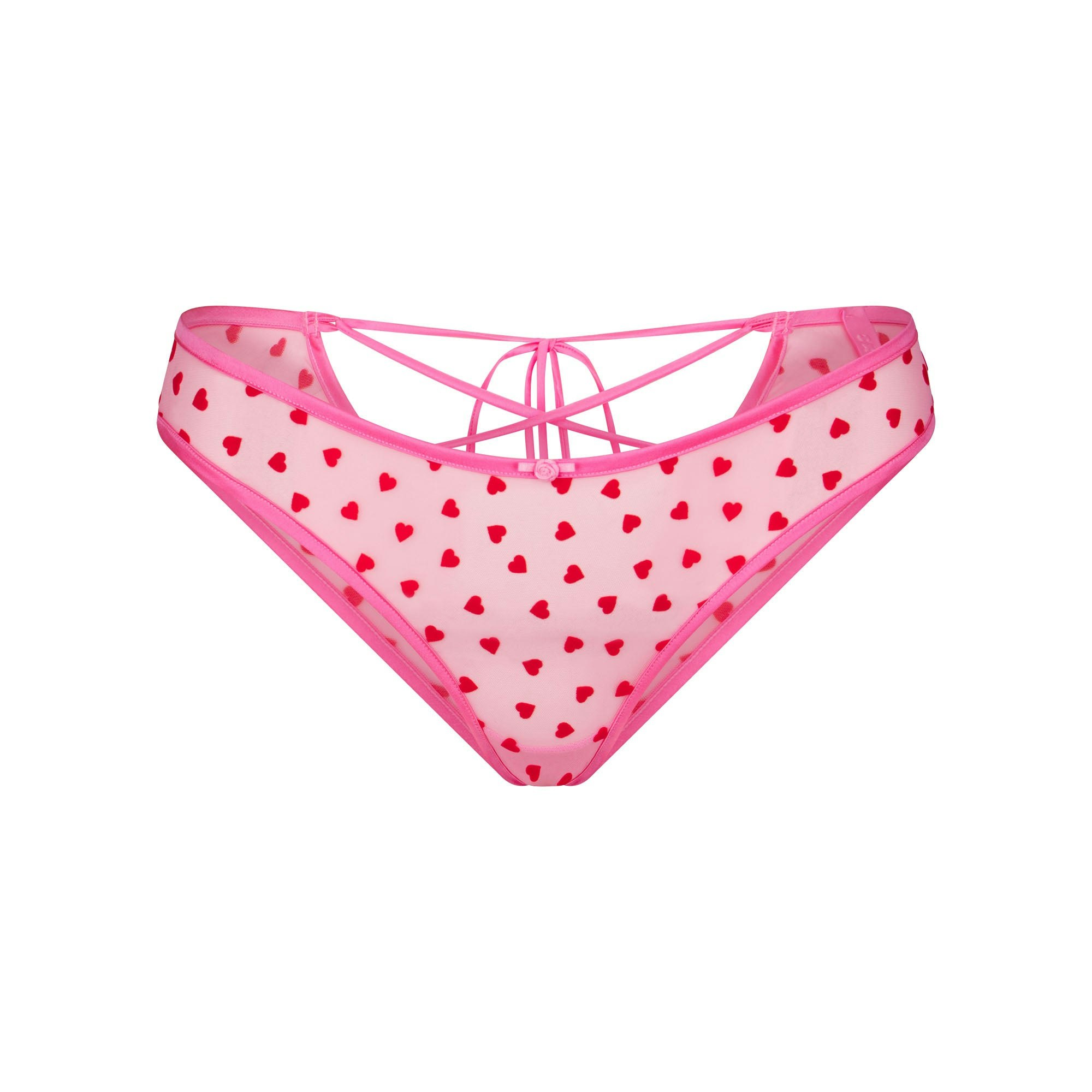 NOVELTY INTIMATES LACE UP BIKINI | PINK HEART PRINT FLAT ON A WHITE BACKGROUND | FLT