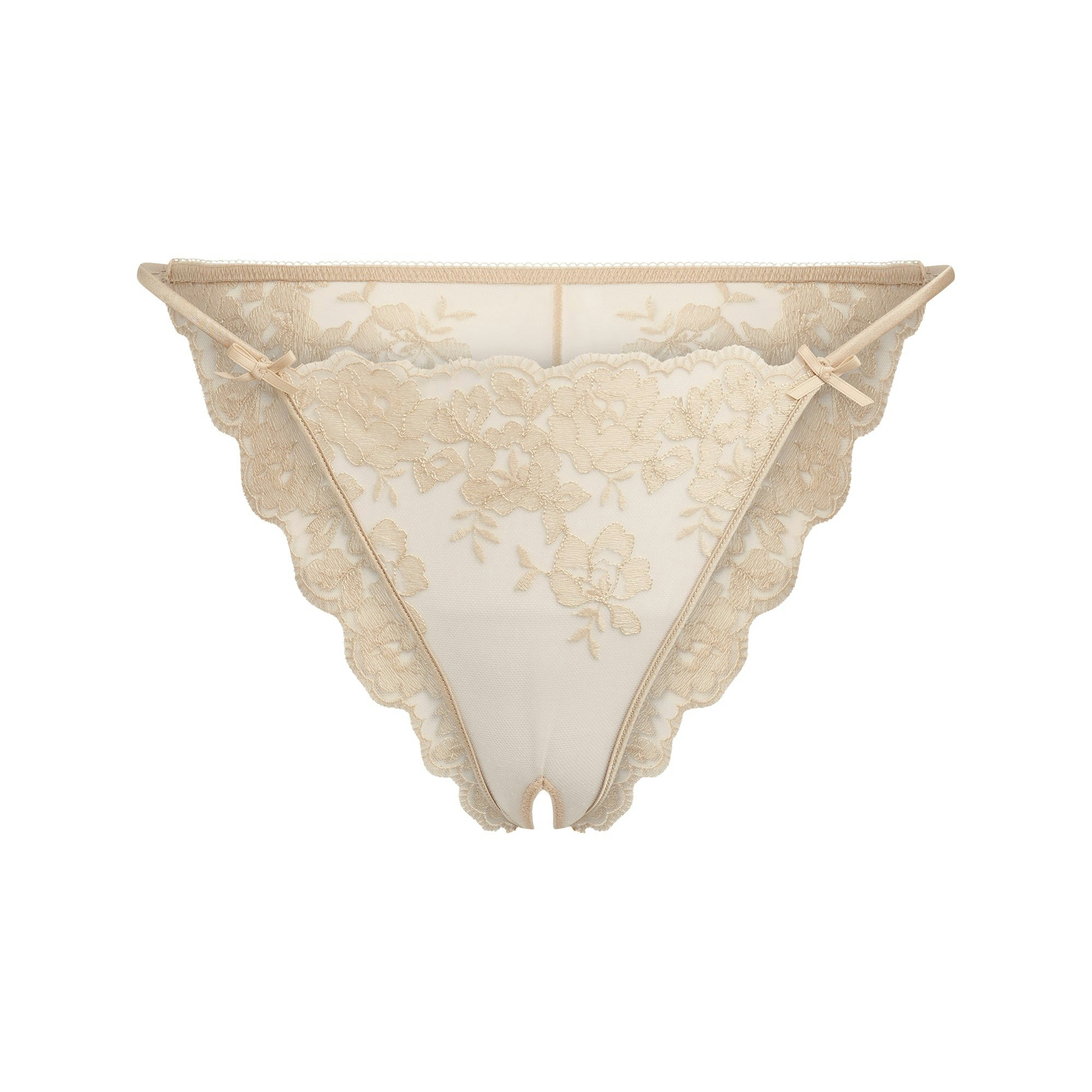 EMBROIDERED LINGERIE CROTCHLESS STRING BIKINI | CHAMPAGNE FLAT ON A WHITE BACKGROUND