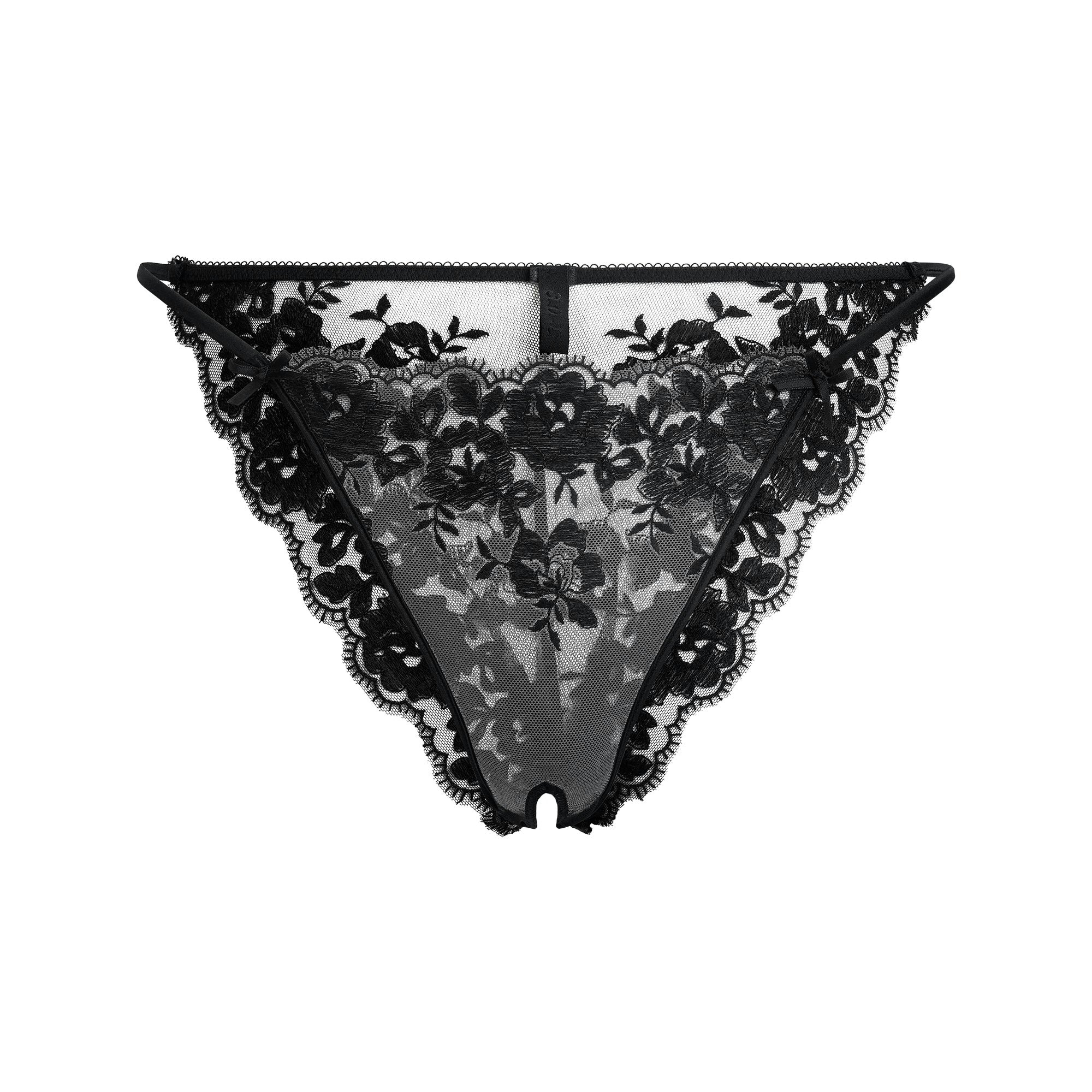 EMBROIDERED LINGERIE CROTCHLESS STRING BIKINI | ONYX FLAT ON A WHITE BACKGROUND