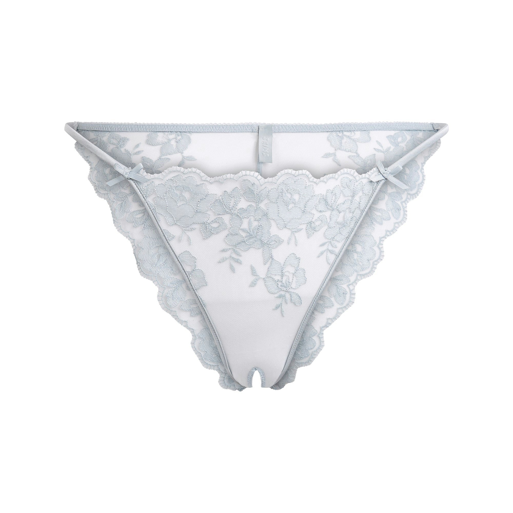 EMBROIDERED LINGERIE CROTCHLESS STRING BIKINI | PEARL FLAT ON A WHITE BACKGROUND | FLT @ | FOCUS: 0.9, 0.1, 0.7