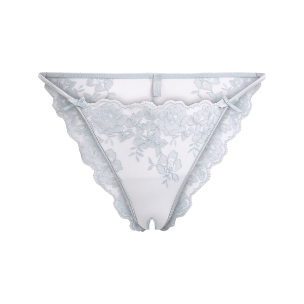 EMBROIDERED LINGERIE CROTCHLESS STRING BIKINI | PEARL FLAT ON A WHITE BACKGROUND | FLT @ | FOCUS: 0.9, 0.1, 0.7