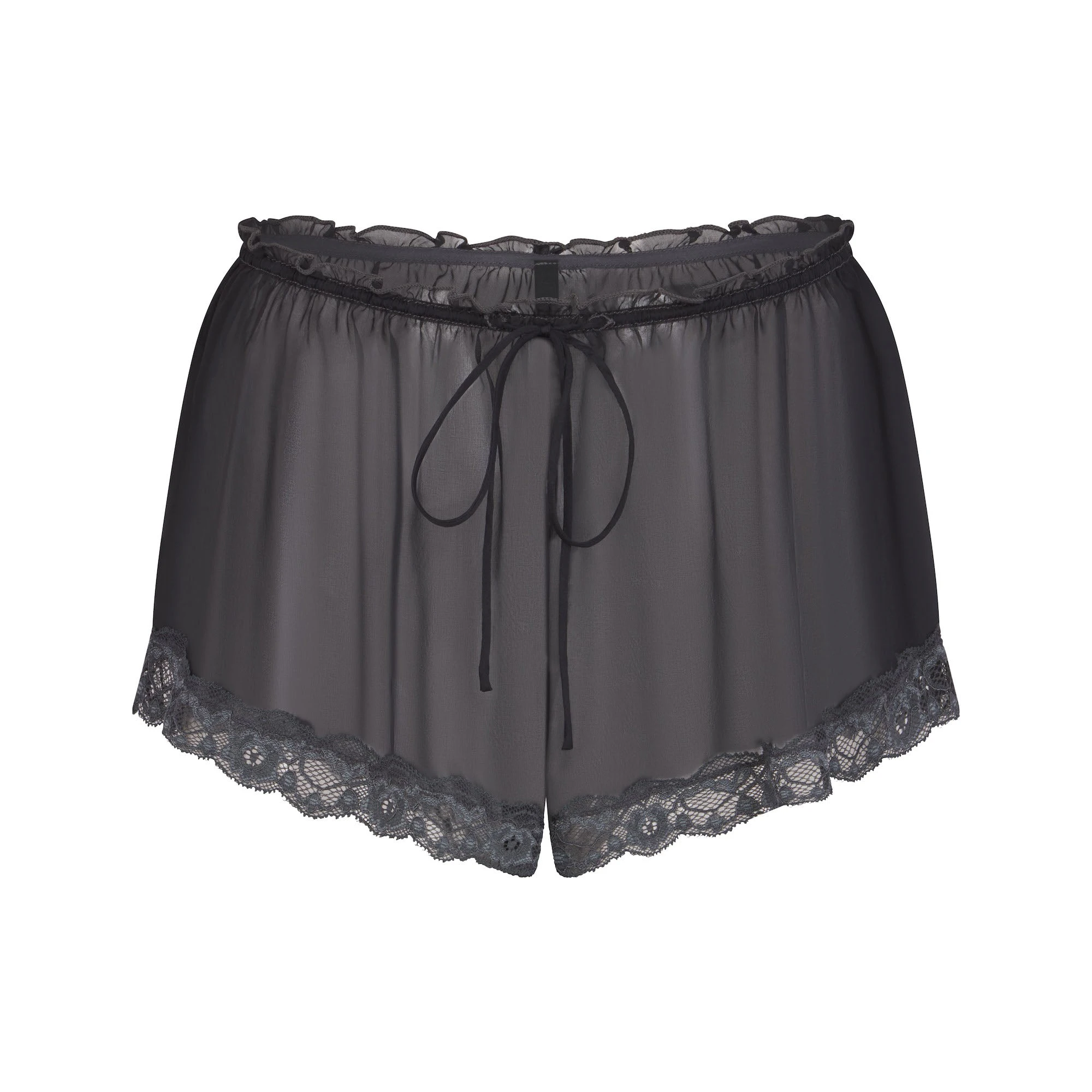 SKIMS ROMANCE LACE SHORT | ONYX (SHORTS, BOTTOMS) FLAT ON A WHITE BACKGROUND | FLT