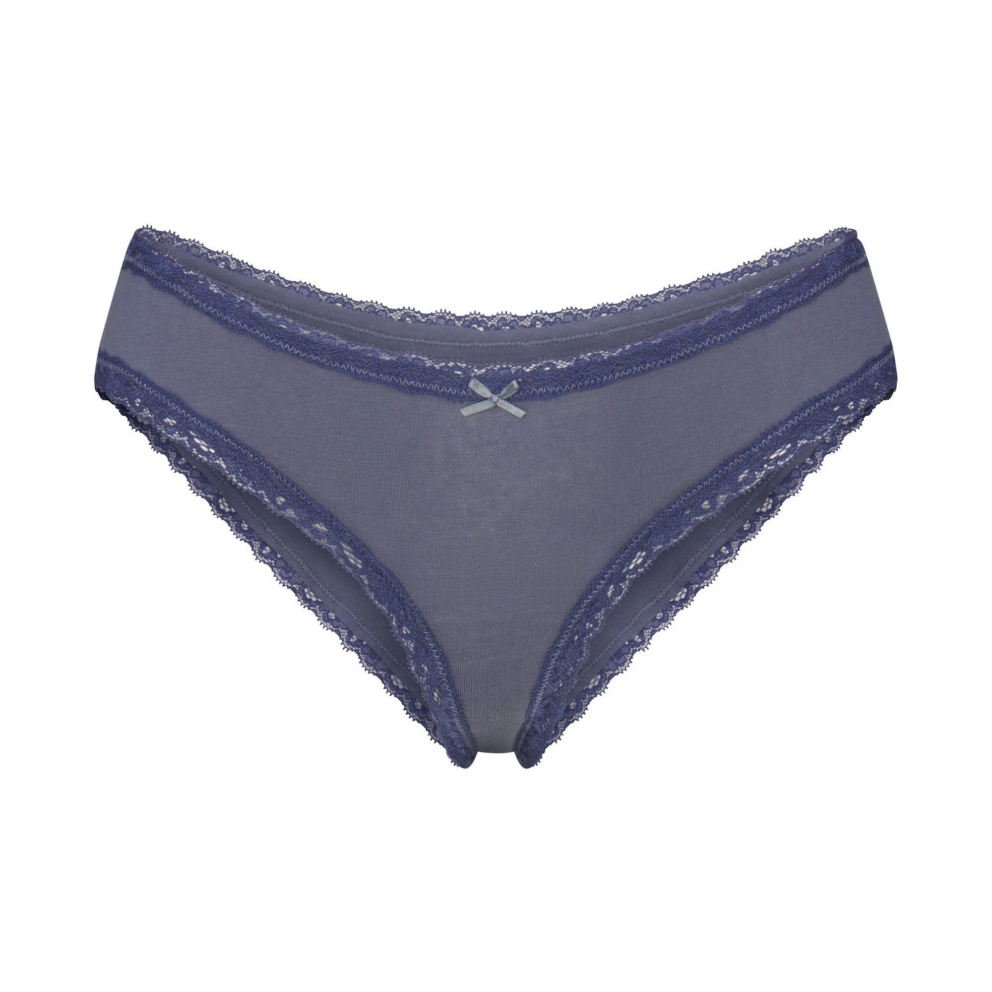 LIGHTWEIGHT COTTON LACE TRIM BRIEF | STEEL BLUE FLAT ON A WHITE BACKGROUND | FLT