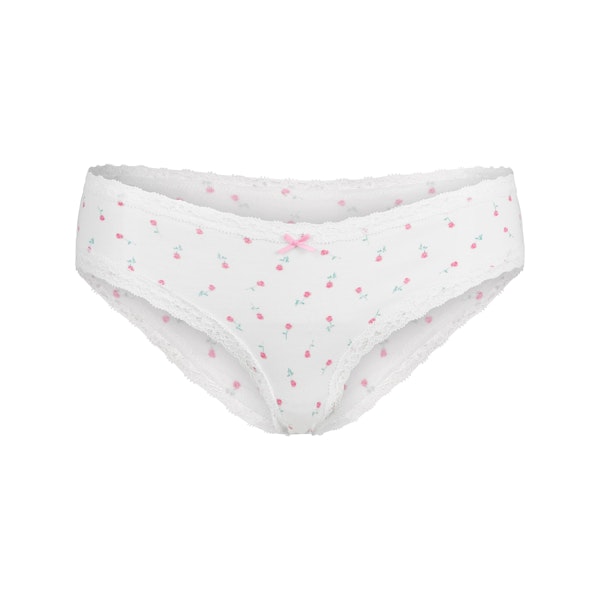 LIGHTWEIGHT COTTON JERSEY LACE BRIEF | SNOW DITSY VTG ROSE PRINT FLAT ON A WHITE BACKGROUND | FLT