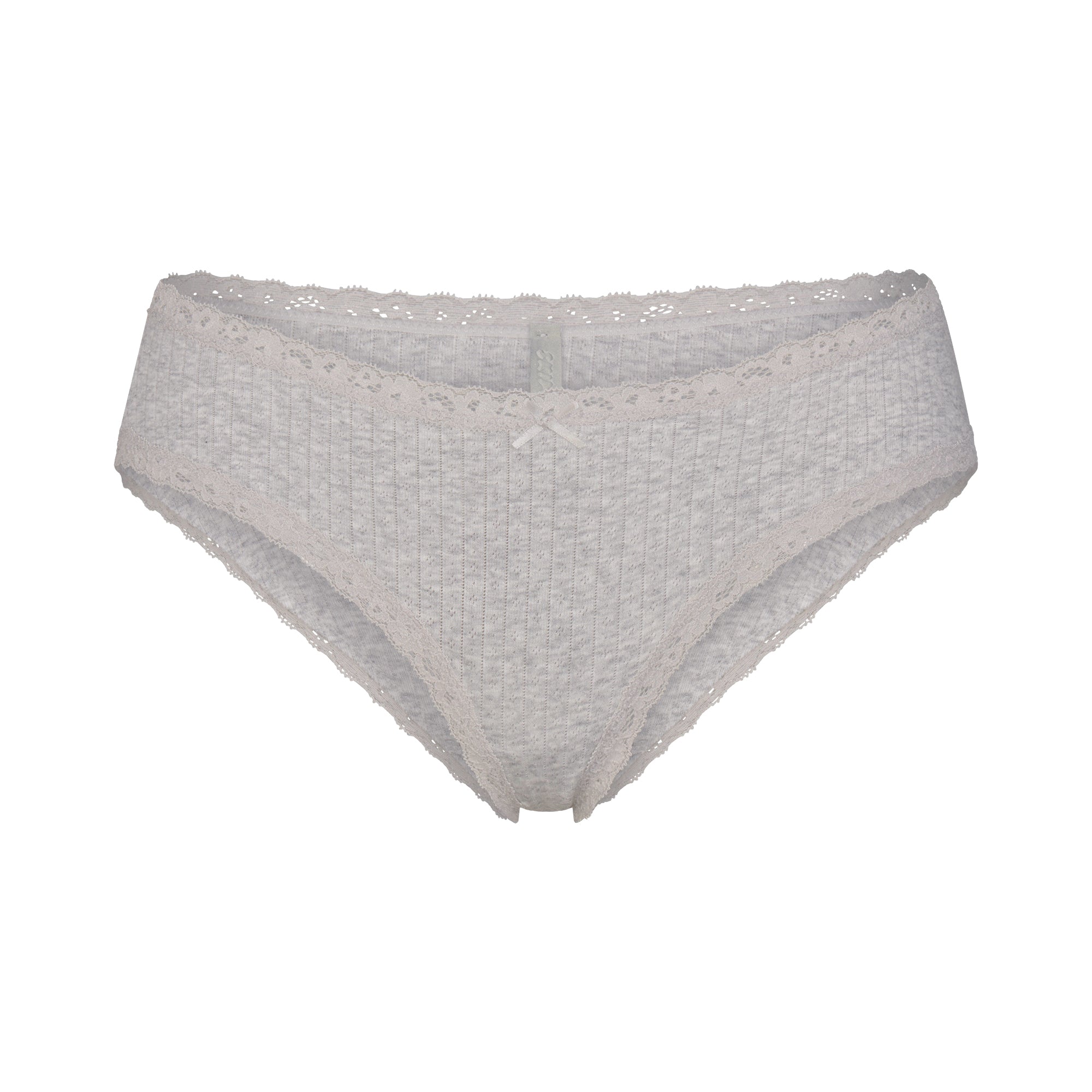LIGHTWEIGHT COTTON POINTELLE LACE BRIEF | LIGHT HEATHER GREY LAYS FLAT ON A WHITE BACKGROUND | FLT