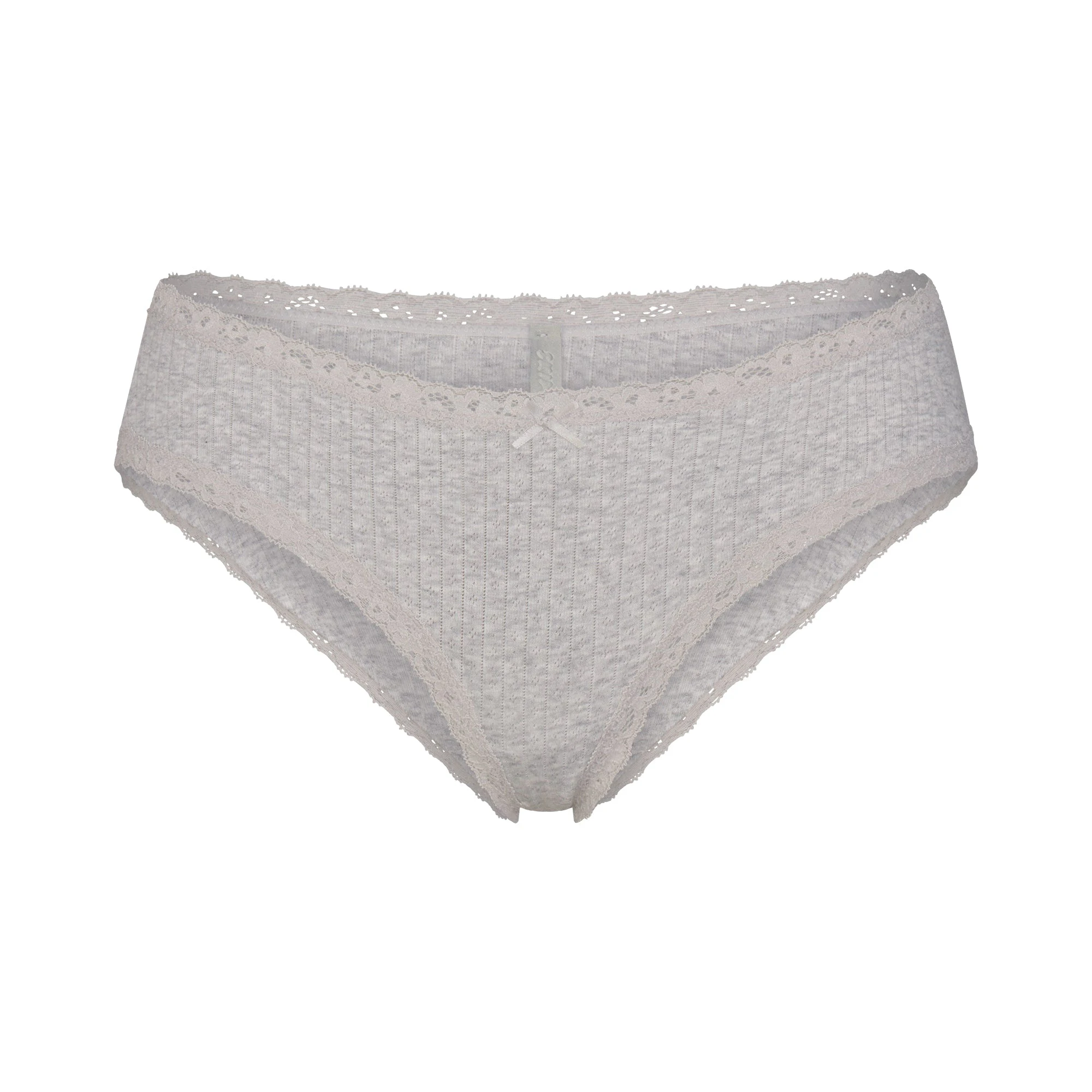 LIGHTWEIGHT COTTON POINTELLE LACE BRIEF | LIGHT HEATHER GREY LAYS FLAT ON A WHITE BACKGROUND | FLT