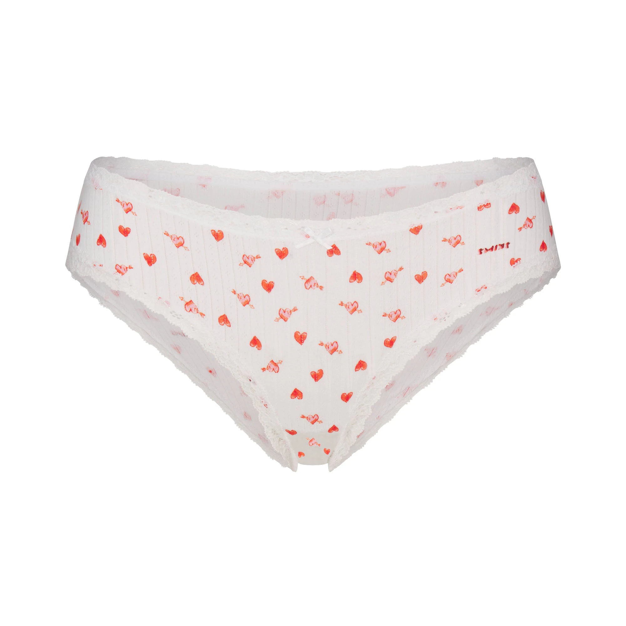LIGHTWEIGHT COTTON POINTELLE LACE BRIEF | SNOW ARROWED HEARTS FLAT ON A WHITE BACKGROUND | FLT