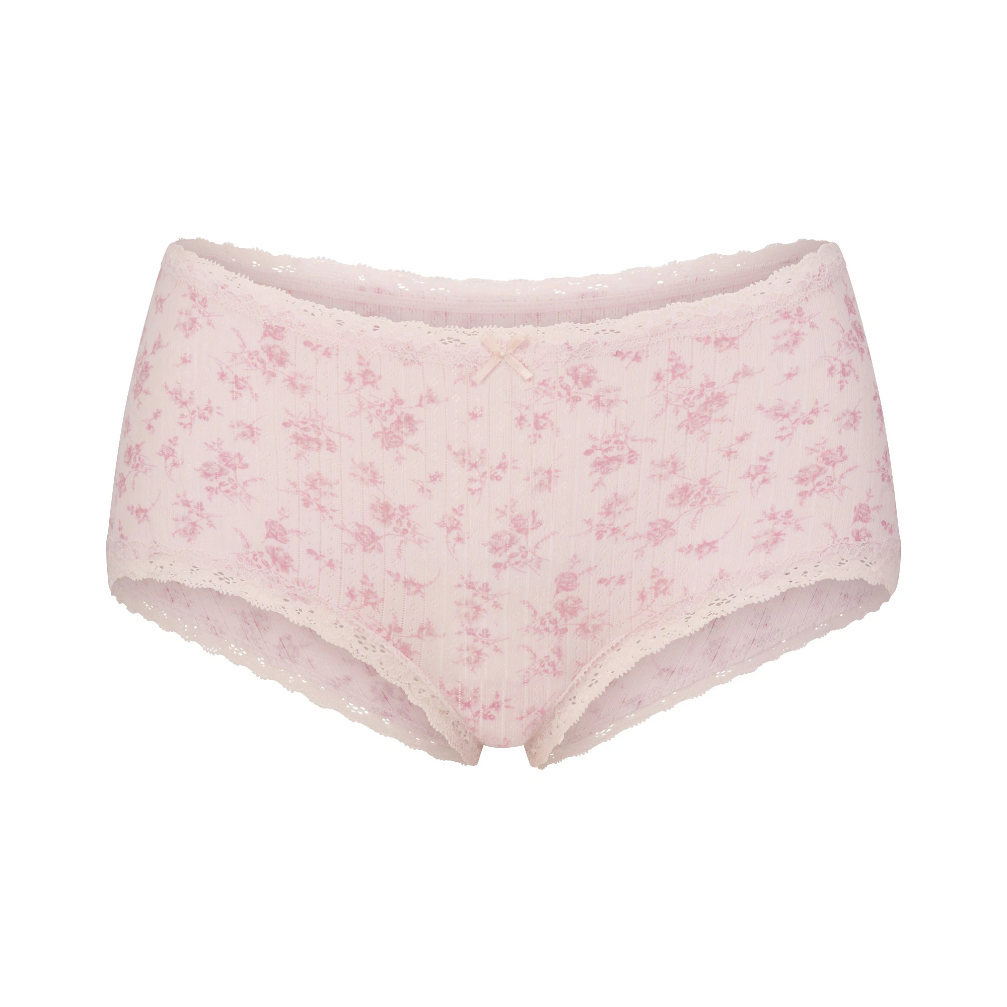 LIGHTWEIGHT COTTON POINTELLE LACE BOY SHORT | BLOOM DAINTY FLORAL FLAT ON A WHITE BACKGROUND | FLT