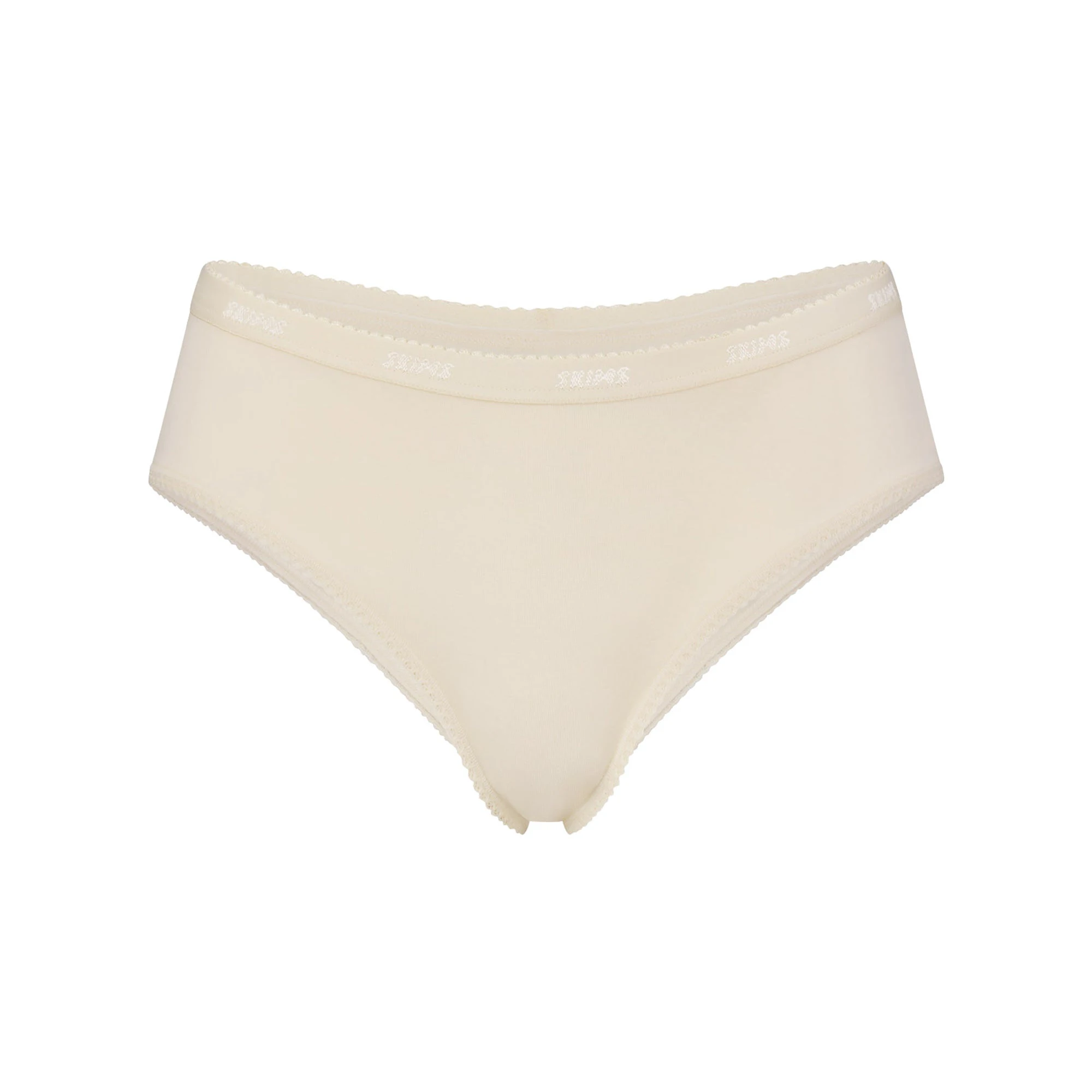 LIGHTWEIGHT COTTON LOGO PICOT HIPSTER | BUTTER TONAL FLAT ON A WHITE BACKGROUND | FLT