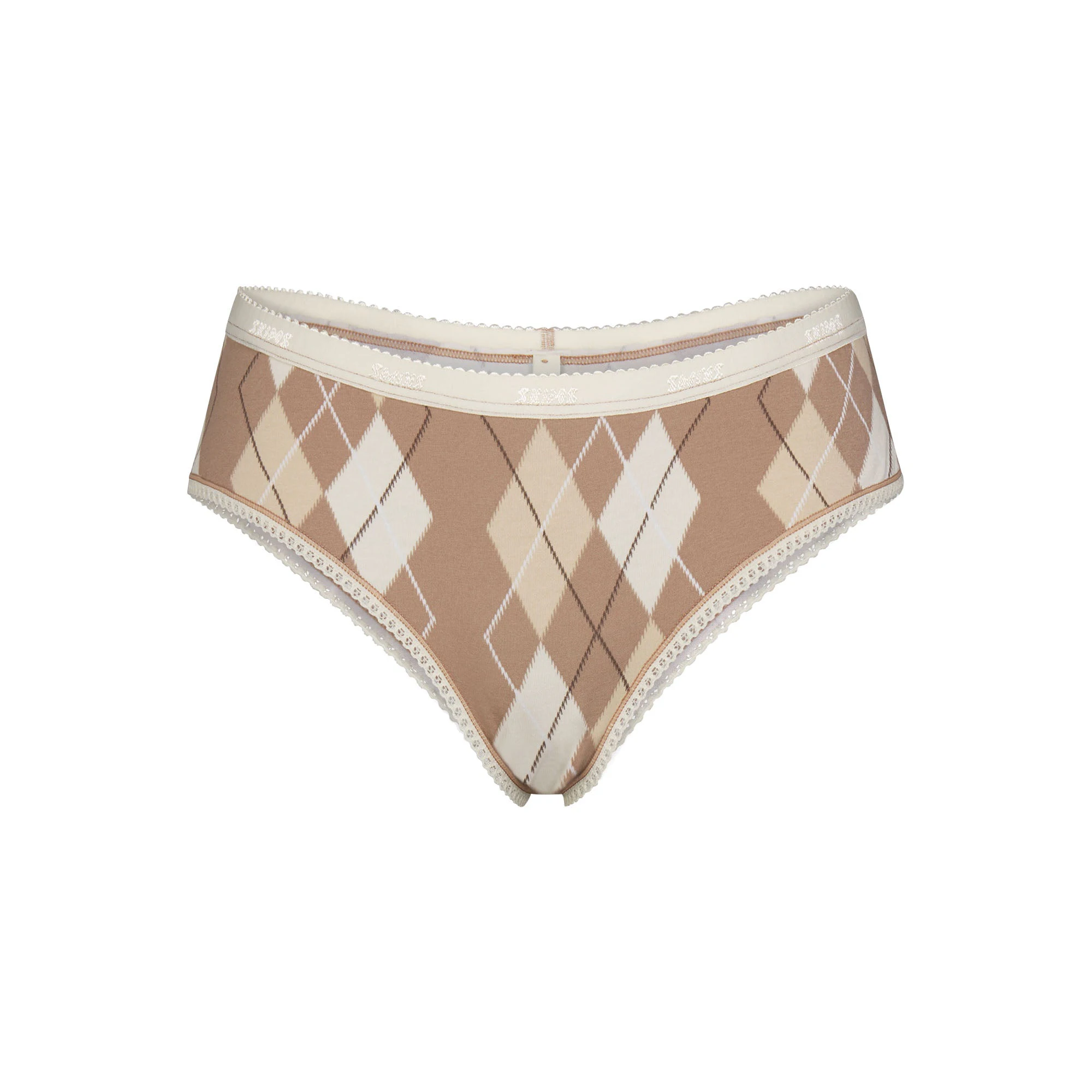LIGHTWEIGHT COTTON LOGO PICOT HIPSTER | CAFE ARGYLE PRINT & LAYS FLAT ON A WHITE BACKGROUND | FLT