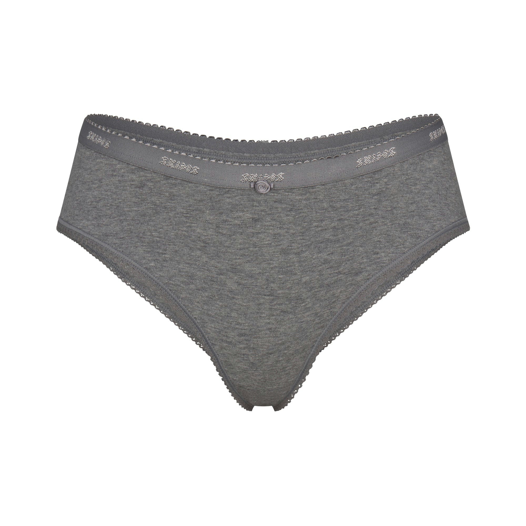 LIGHTWEIGHT COTTON LOGO PICOT HIPSTER | DARK HEATHER GREY FLAT ON A WHITE BACKGROUND | FLT