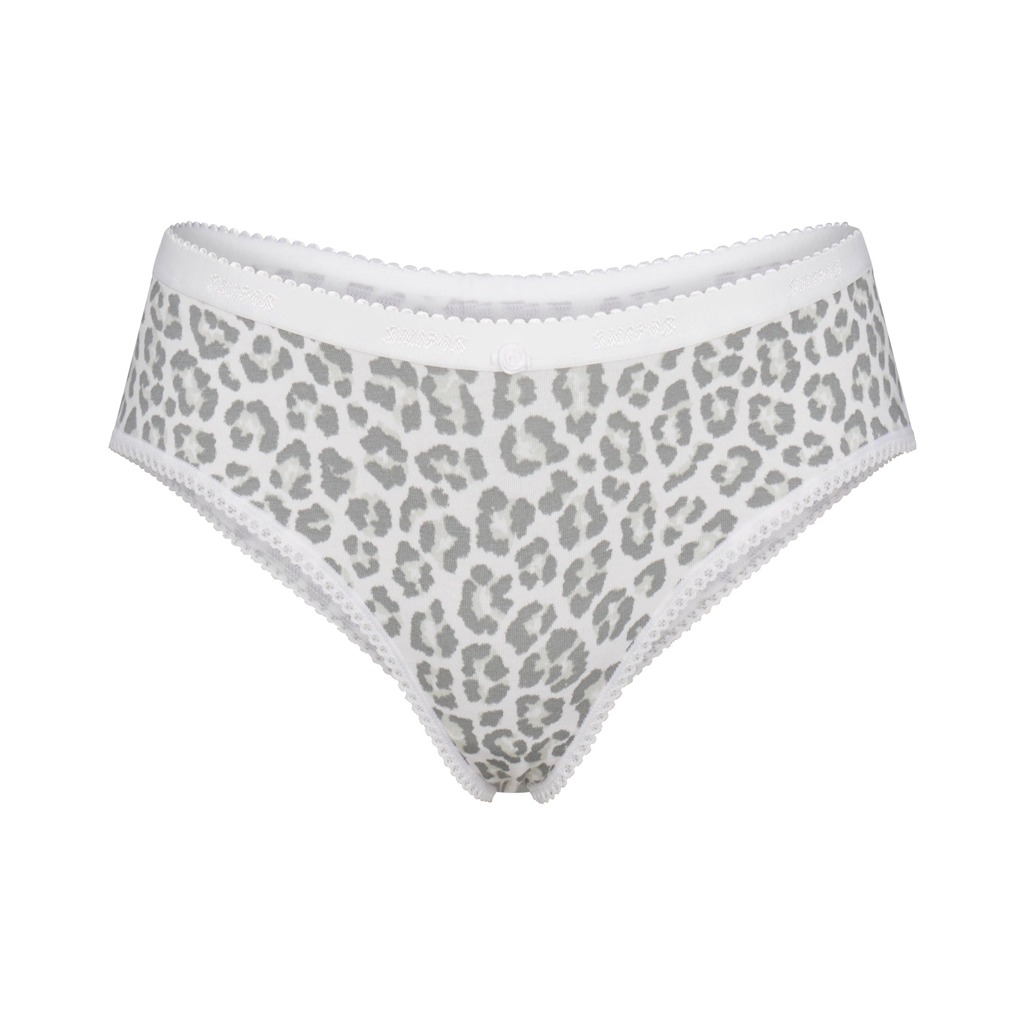 LIGHTWEIGHT COTTON LOGO PICOT HIPSTER | SNOW LEOPARD PRINT FLAT ON A WHITE BACKGROUND | FLT