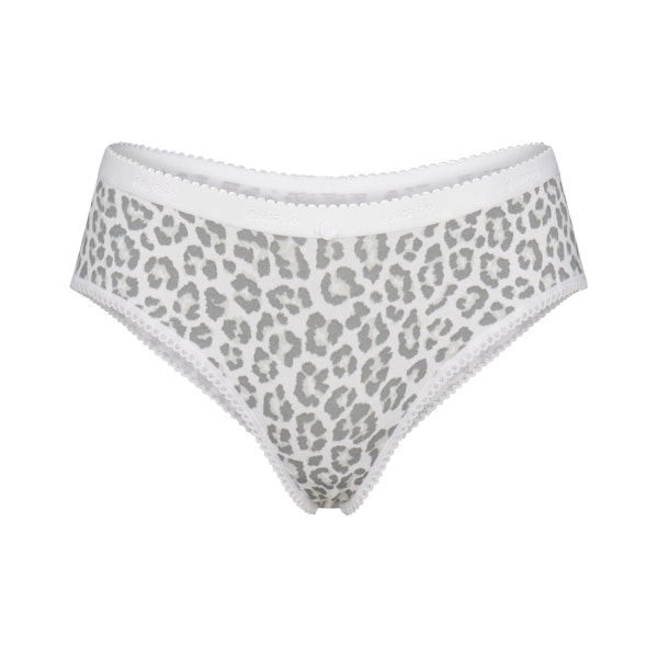 LIGHTWEIGHT COTTON LOGO PICOT HIPSTER | SNOW LEOPARD PRINT FLAT ON A WHITE BACKGROUND | FLT