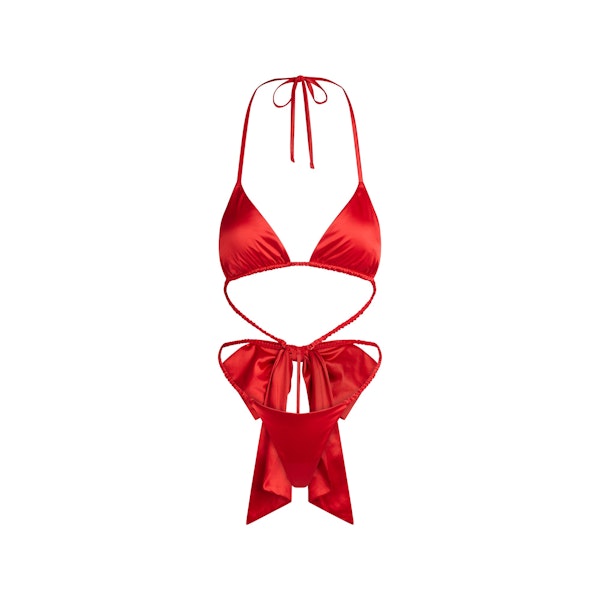 WOVEN SHINE SKIMPY BOW TEDDY | RED FLAT ON A WHITE BACKGROUND | FLT