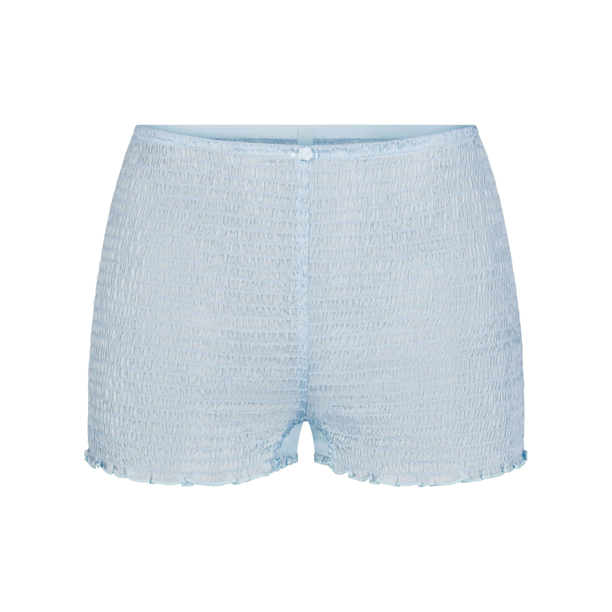 SKIMS ROMANCE SMOCKED SHORT | CELESTE (SHORTS, BOTTOMS) LAYS FLAT ON A WHITE BACKGROUND