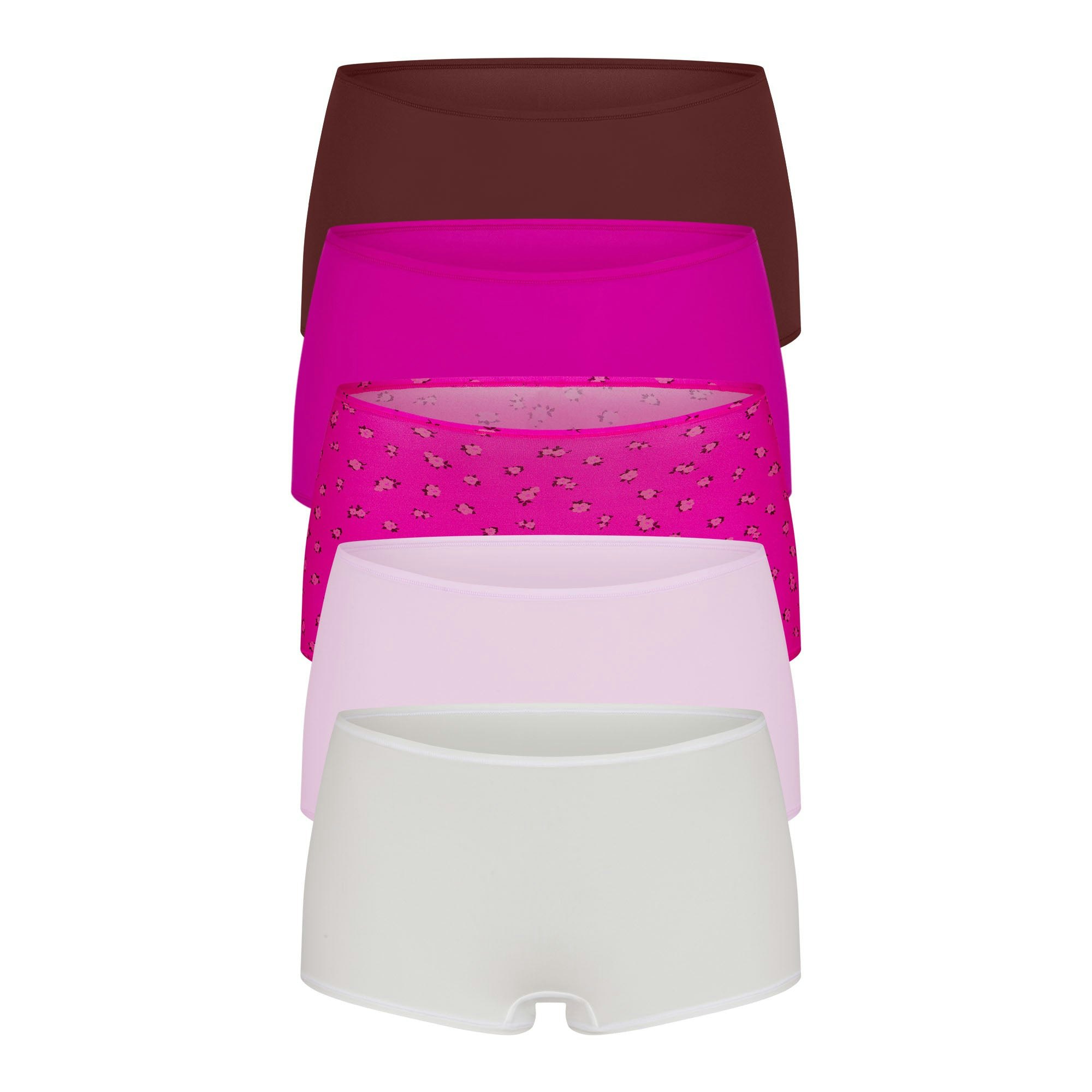 FITS EVERYBODY BOY SHORT 5-PACK | FUCHSIA MULTI (BOY SHORTS, PANTIES) FLAT ON A WHITE BACKGROUND | FOCUS: 0.0, 1.0, 0.9