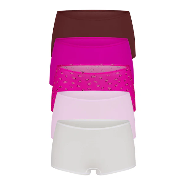FITS EVERYBODY BOY SHORT 5-PACK | FUCHSIA MULTI (BOY SHORTS, PANTIES) FLAT ON A WHITE BACKGROUND | FOCUS: 0.0, 1.0, 0.9