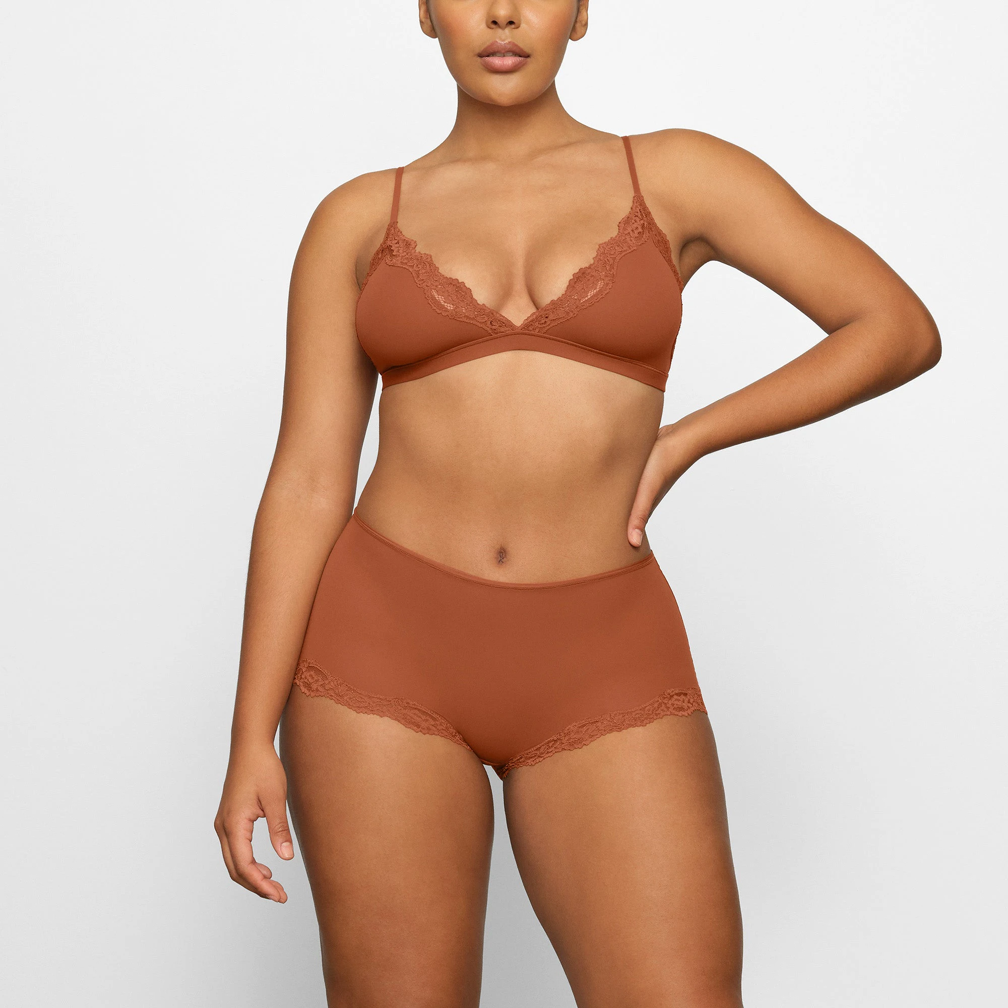 FITS EVERYBODY LACE BOY SHORT WORN BY A MODEL IN FRONT VIEW | SEE: M, L, XL