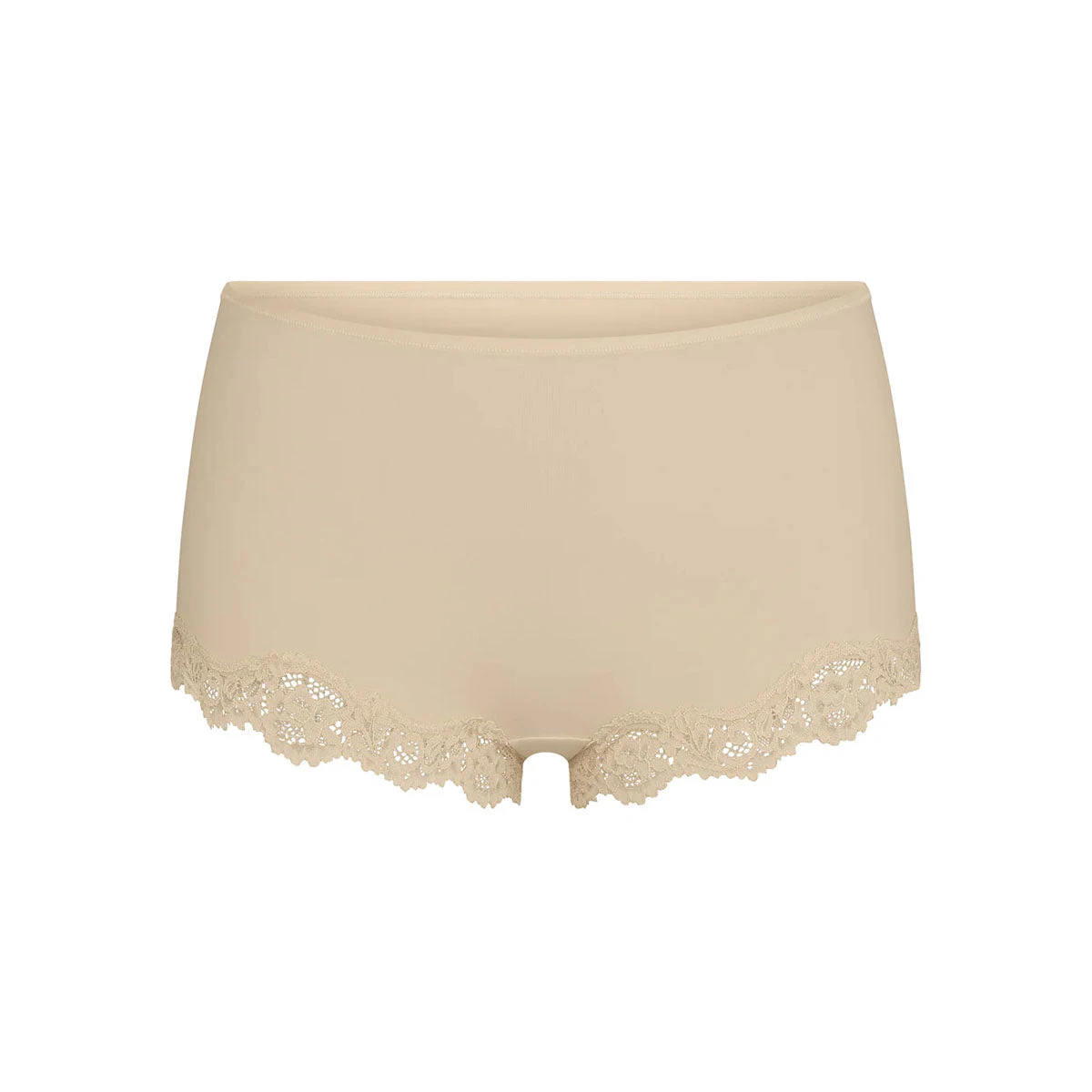 FITS EVERYBODY LACE BOY SHORT LAYS FLAT ON A WHITE BACKGROUND