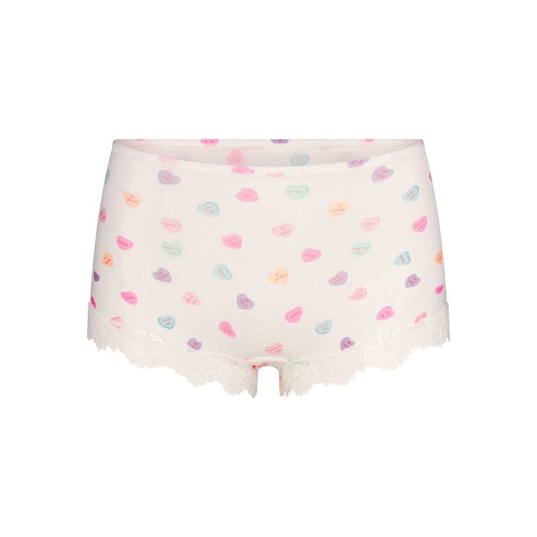 FITS EVERYBODY LACE BOY SHORT | MARBLE CANDY HEART PRINT FLAT ON A WHITE BACKGROUND | FLT