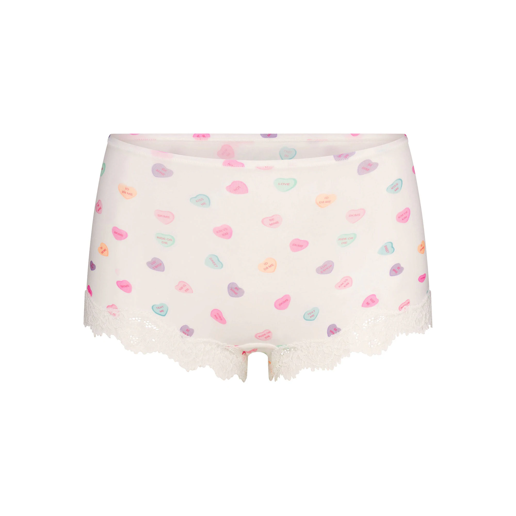 FITS EVERYBODY LACE BOY SHORT | MARBLE CANDY HEART PRINT FLAT ON A WHITE BACKGROUND | FLT