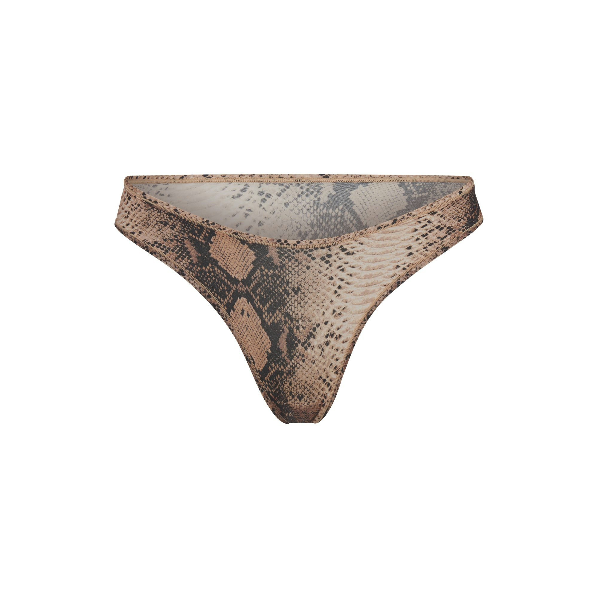 FITS EVERYBODY DIPPED FRONT THONG | CLAY SNAKESKIN PRINT (THONGS) FLAT ON A WHITE BACKGROUND | FLT