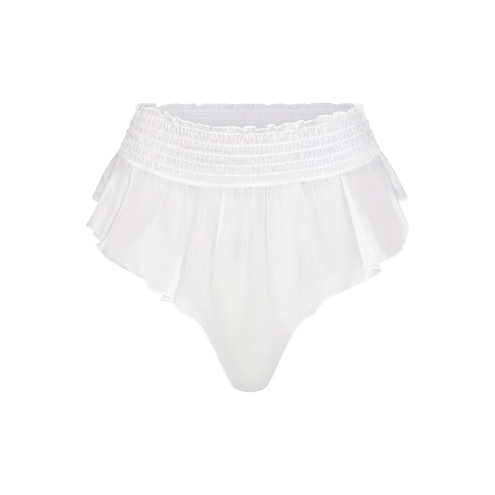 SKIMS ROMANCE SMOCKED FLUTTER THONG | SNOW (THONGS, PANTIES) LAYS FLAT ON A WHITE BACKGROUND