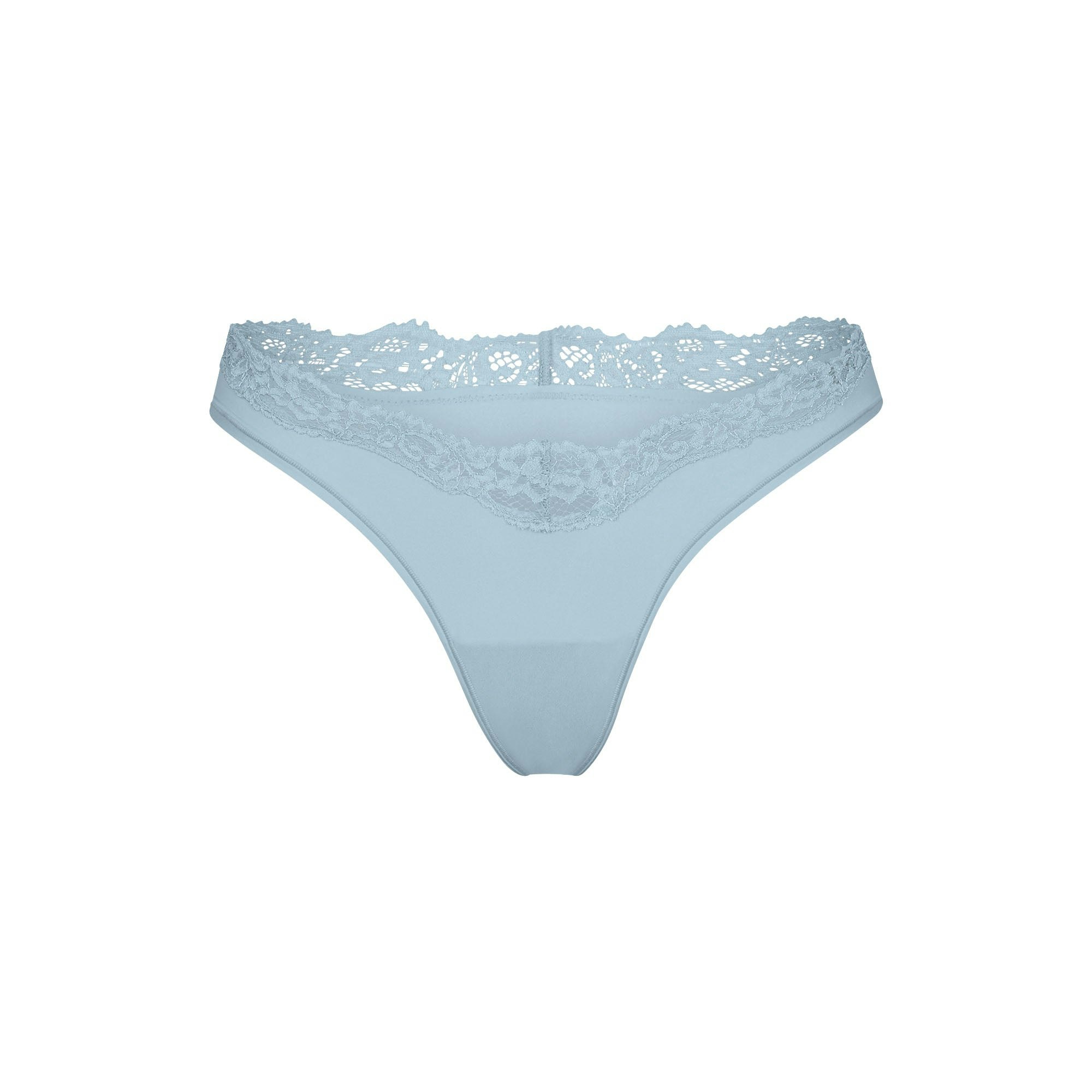 FITS EVERYBODY LACE DIPPED THONG | DENIM (THONGS, PANTIES) LAYS FLAT ON A WHITE BACKGROUND | FLT