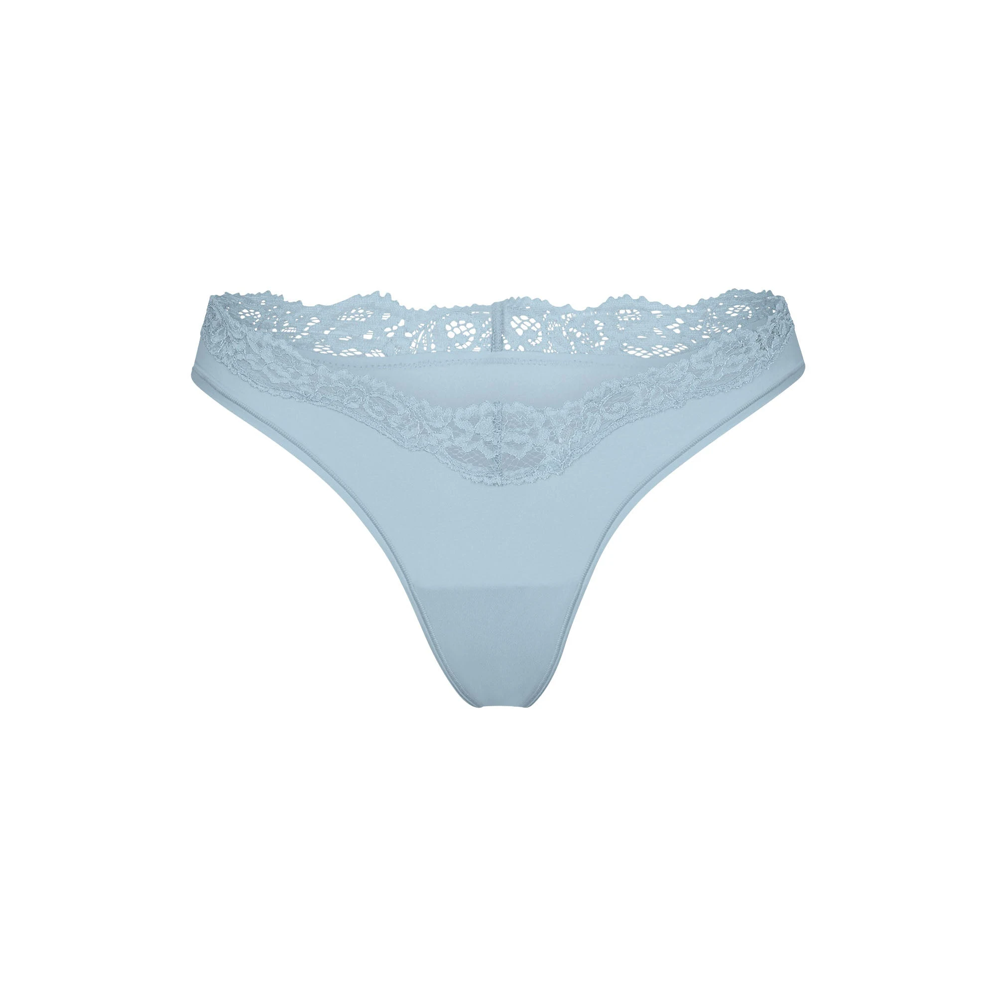 FITS EVERYBODY LACE DIPPED THONG | DENIM (THONGS, PANTIES) LAYS FLAT ON A WHITE BACKGROUND | FLT