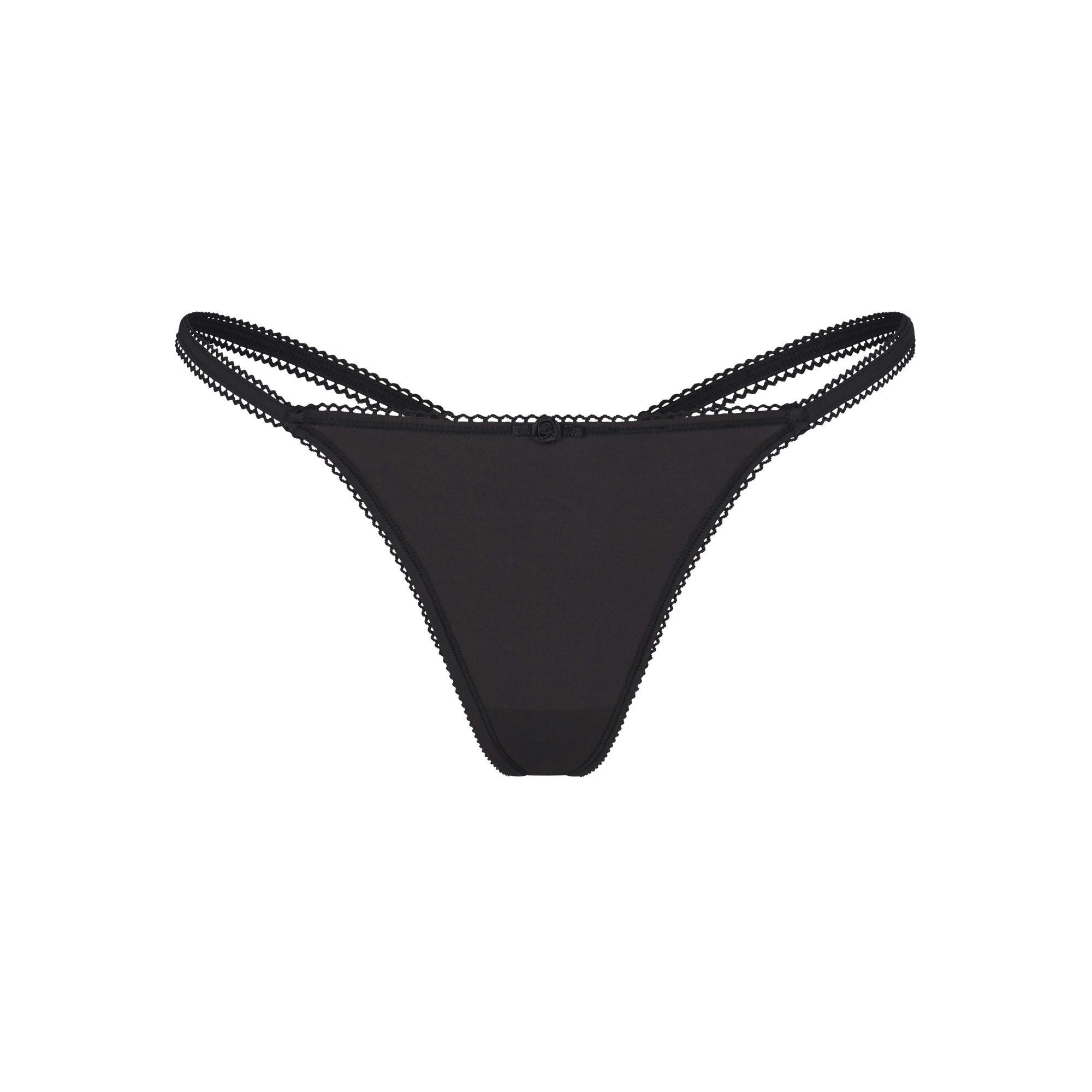 FITS EVERYBODY PICOT TRIM STRING THONG | ONYX (THONGS, PANTIES) LAYS FLAT ON A WHITE BACKGROUND | FLT