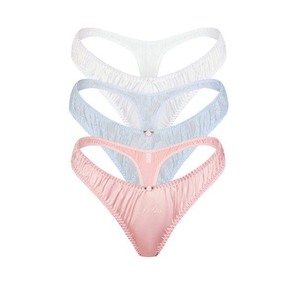 BRIDAL THONG 3-PACK | CELESTE MULTI (THONGS, PANTIES) LAYS FLAT ON A WHITE BACKGROUND | FLT