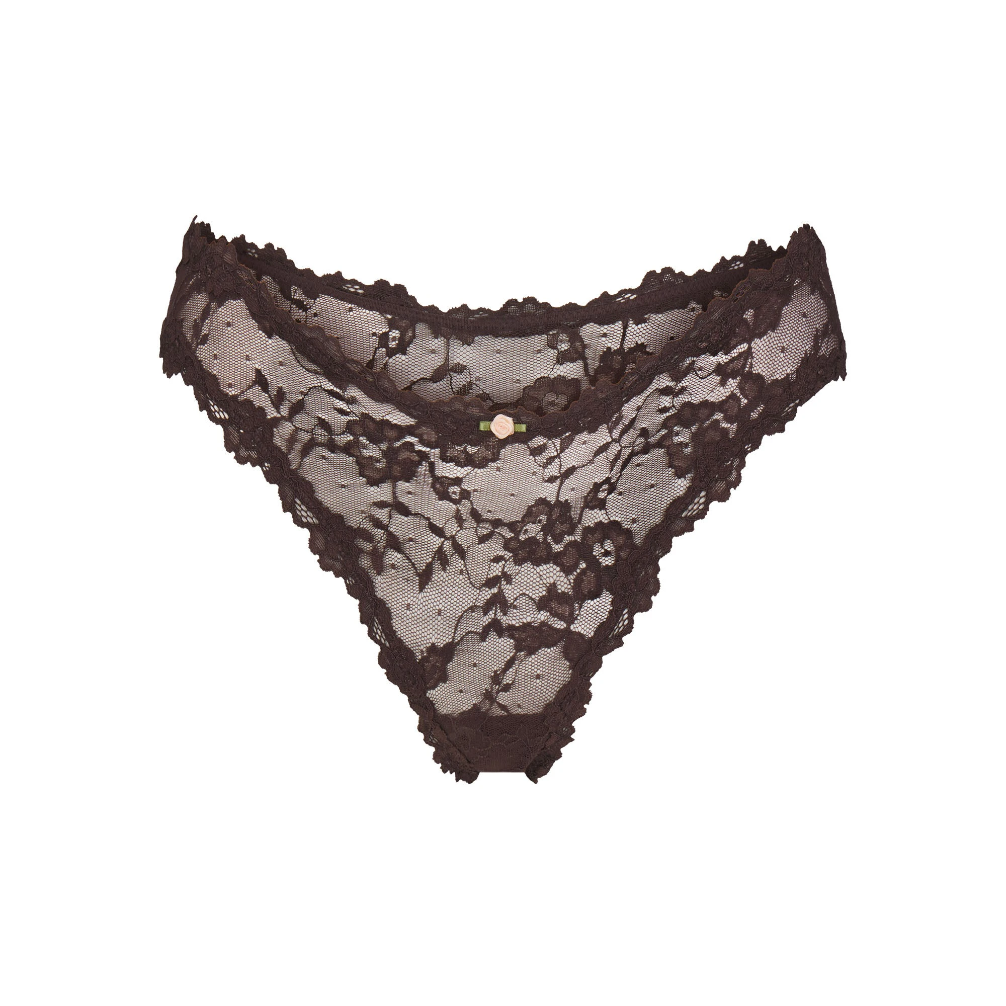 STRETCH LACE DIPPED THONG | ESPRESSO FLAT ON A WHITE BACKGROUND | FLT