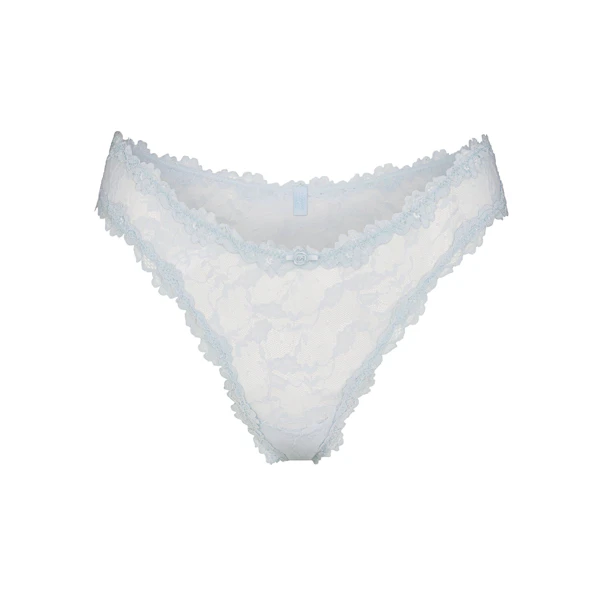 STRETCH LACE DIPPED THONG | POWDER BLUE FLAT ON A WHITE BACKGROUND | FLT