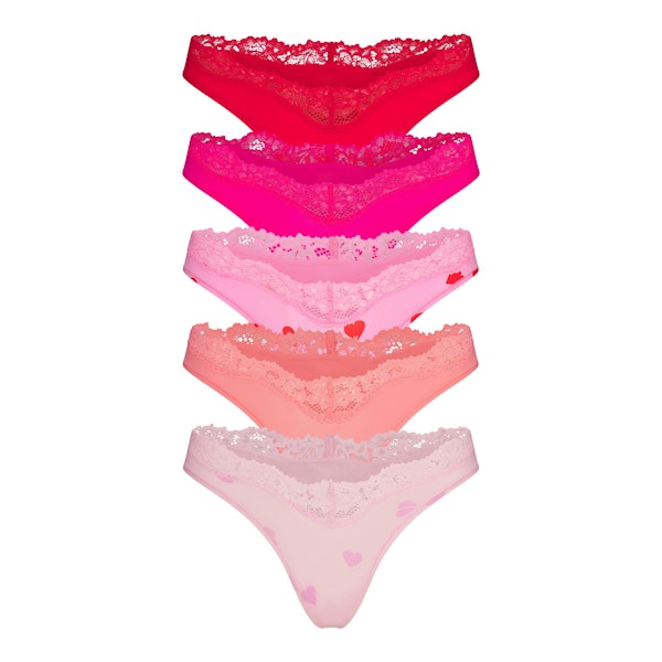 FITS EVERYBODY LACE DIPPED THONG 5-PACK | HEART BREAKER MULTI FLAT ON A WHITE BACKGROUND | FLT