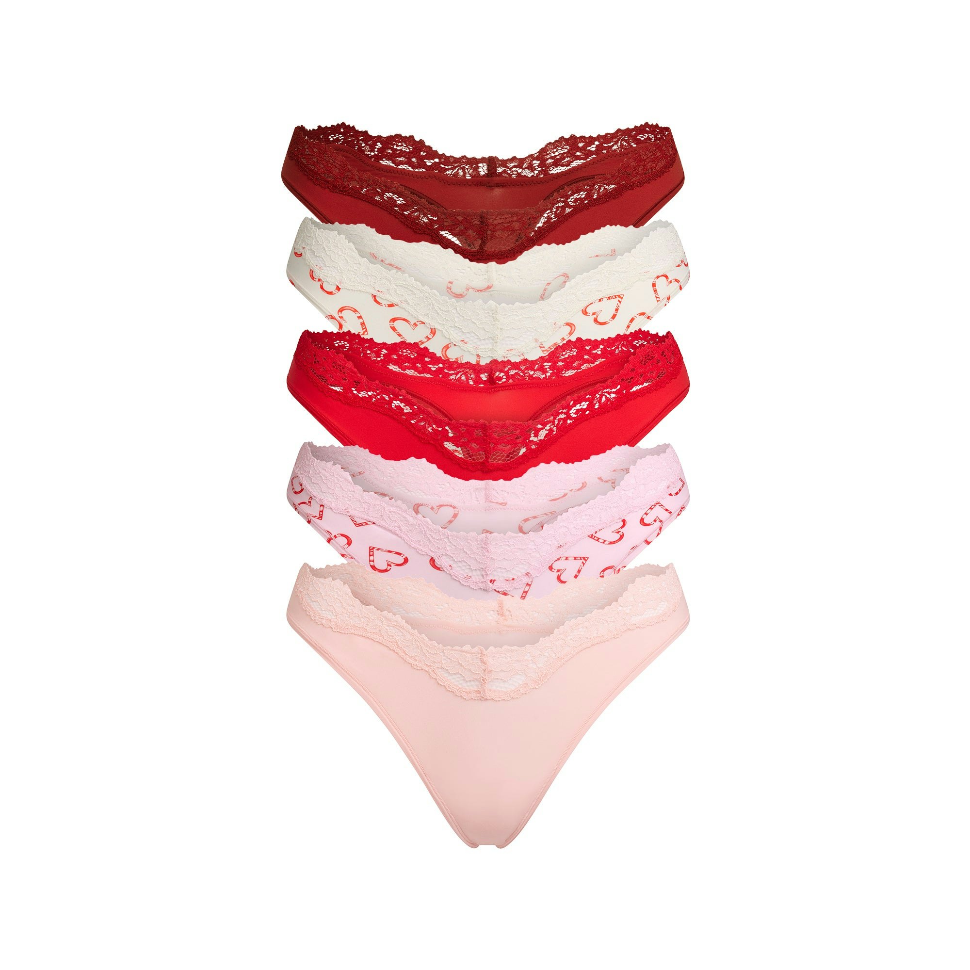 FITS EVERYBODY LACE DIPPED THONG 5-PACK | CANDY HEART MULTI FLAT ON A WHITE BACKGROUND | FLT @ | FOCUS: 0.9, 0.1, 0.7