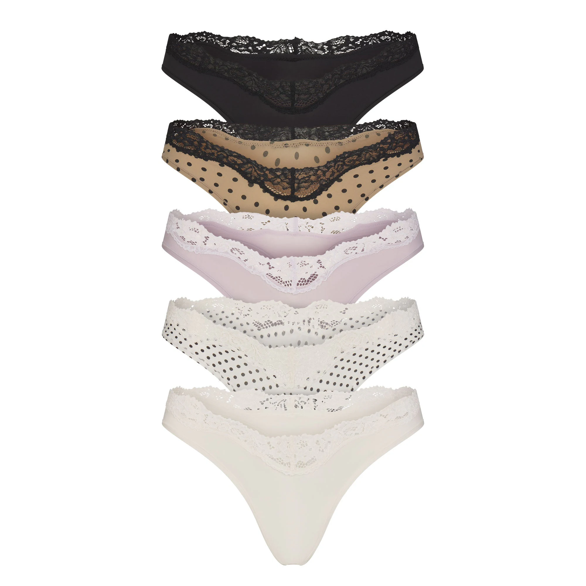 FITS EVERYBODY LACE DIPPED THONG 5-PACK | NEUTRAL DOT MULTI & LAYS FLAT ON A WHITE BACKGROUND | FLT