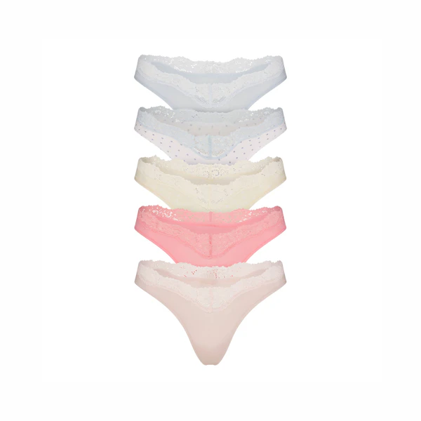 FITS EVERYBODY LACE DIPPED THONG 5-PACK | PIN DOT MULTI LAYS FLAT ON A WHITE BACKGROUND | FLT @ | FOCUS: 0.0, 1.0, 0.9
