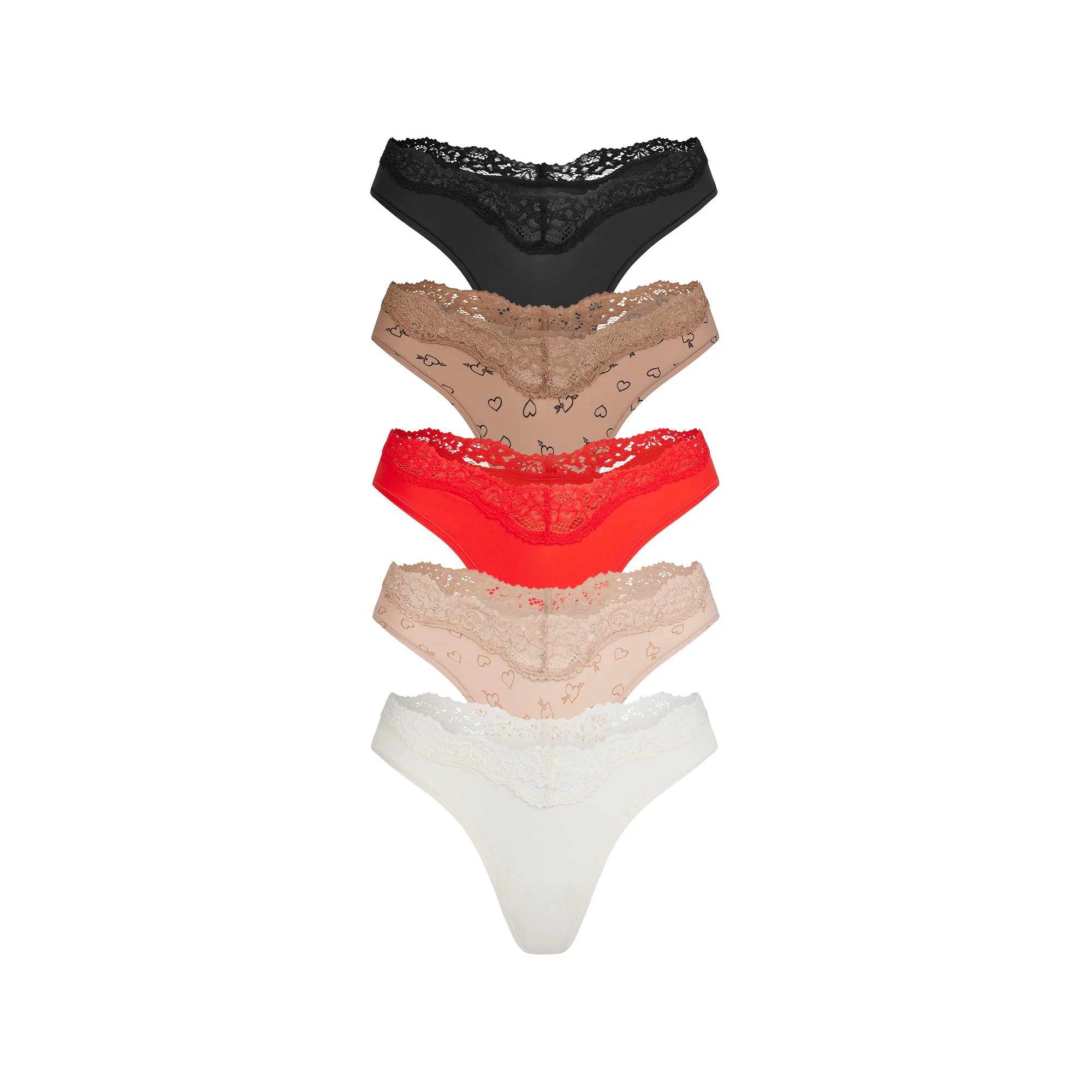 FITS EVERYBODY LACE DIPPED THONG 5-PACK | SKETCHED HEARTS MULTI FLAT ON A WHITE BACKGROUND | FLT