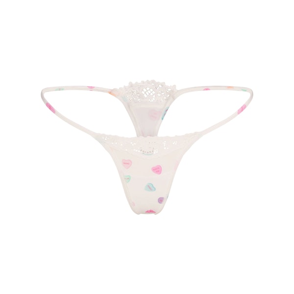 FITS EVERYBODY LACE STRING THONG | MARBLE CANDY HEART PRINT FLAT ON A WHITE BACKGROUND | FLT