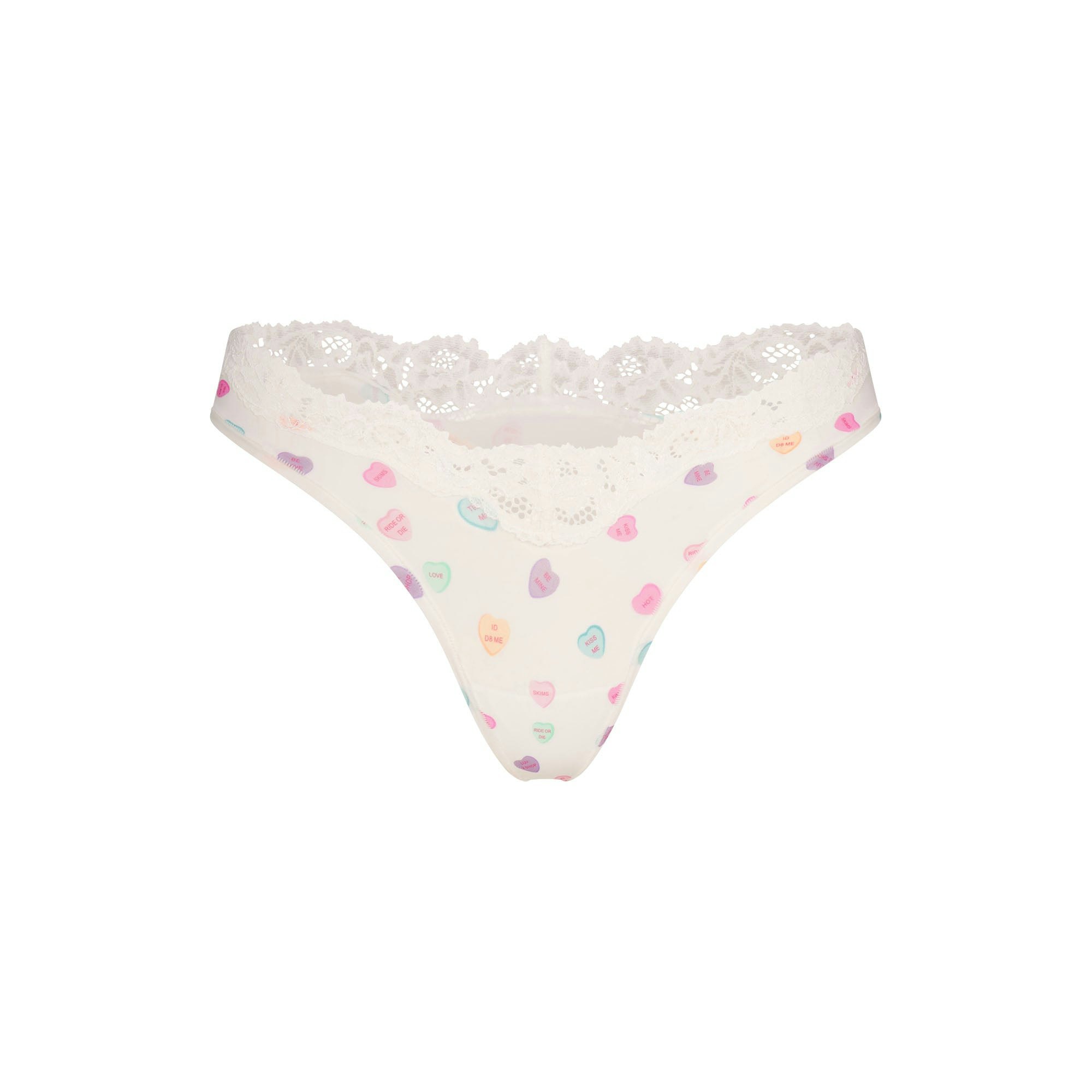 FITS EVERYBODY LACE DIPPED THONG | MARBLE CANDY HEART PRINT FLAT ON A WHITE BACKGROUND | FLT