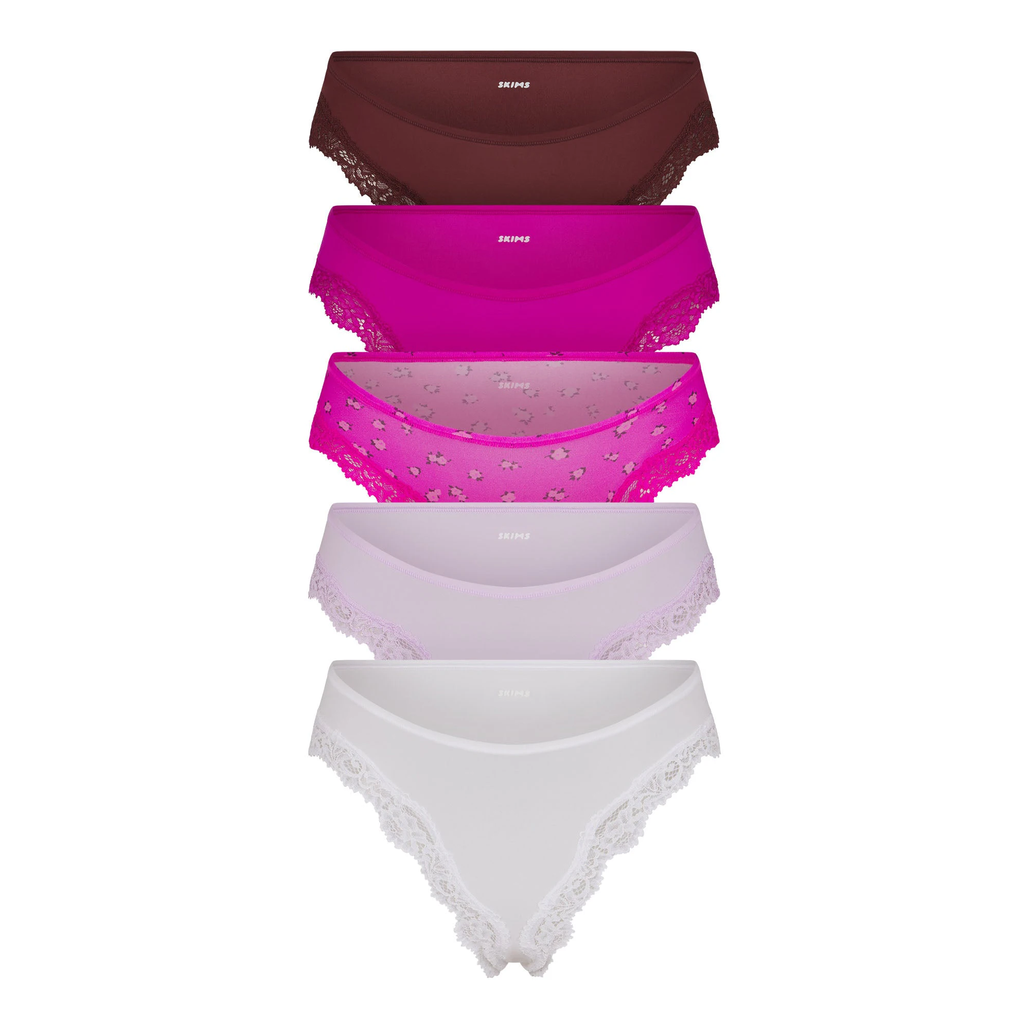 FITS EVERYBODY LACE CHEEKY TANGA 5-PACK | FUCHSIA MULTI (PANTY SETS, PANTIES) FLAT ON A WHITE BACKGROUND | FLT