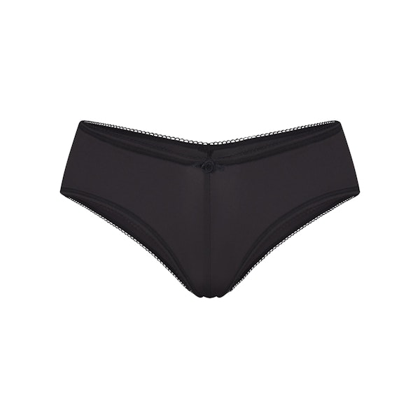 FITS EVERYBODY PICOT TRIM TANGA | ONYX (TANGAS, PANTIES) LAYS FLAT ON A WHITE BACKGROUND