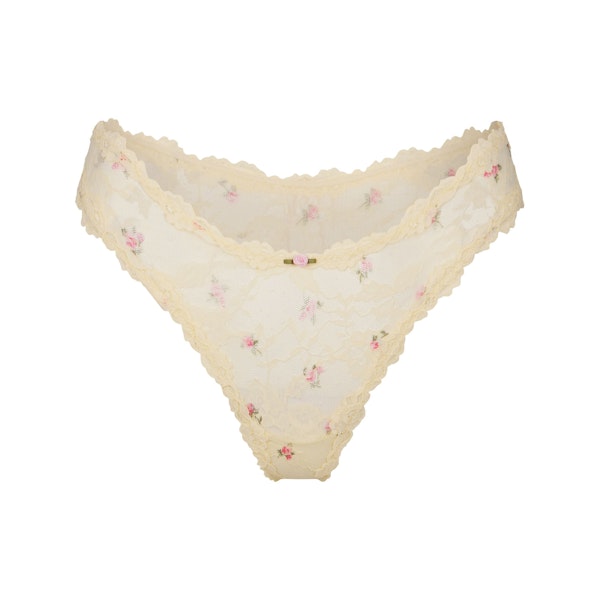 STRETCH LACE DIPPED THONG | BUTTER ROSEBUD PRINT FLAT ON A WHITE BACKGROUND | FLT
