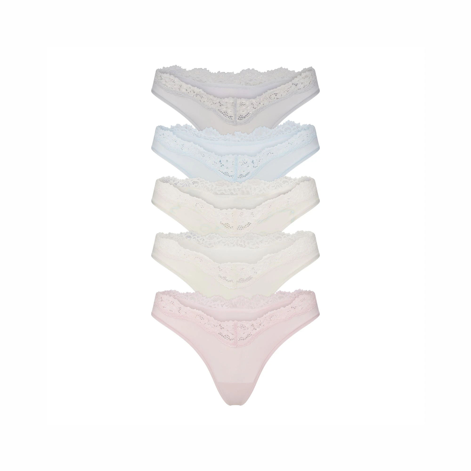 FITS EVERYBODY LACE DIPPED THONG 5-PACK | IVORY PEARL BOW MULTI LAYS FLAT ON A WHITE BACKGROUND | @ | FOCUS: 0.0, 1.0, 0.9