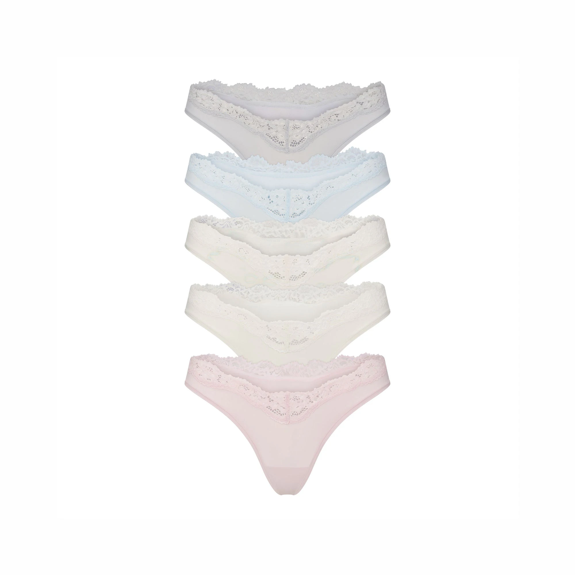 FITS EVERYBODY LACE DIPPED THONG 5-PACK | IVORY PEARL BOW MULTI LAYS FLAT ON A WHITE BACKGROUND | @ | FOCUS: 0.0, 1.0, 0.9